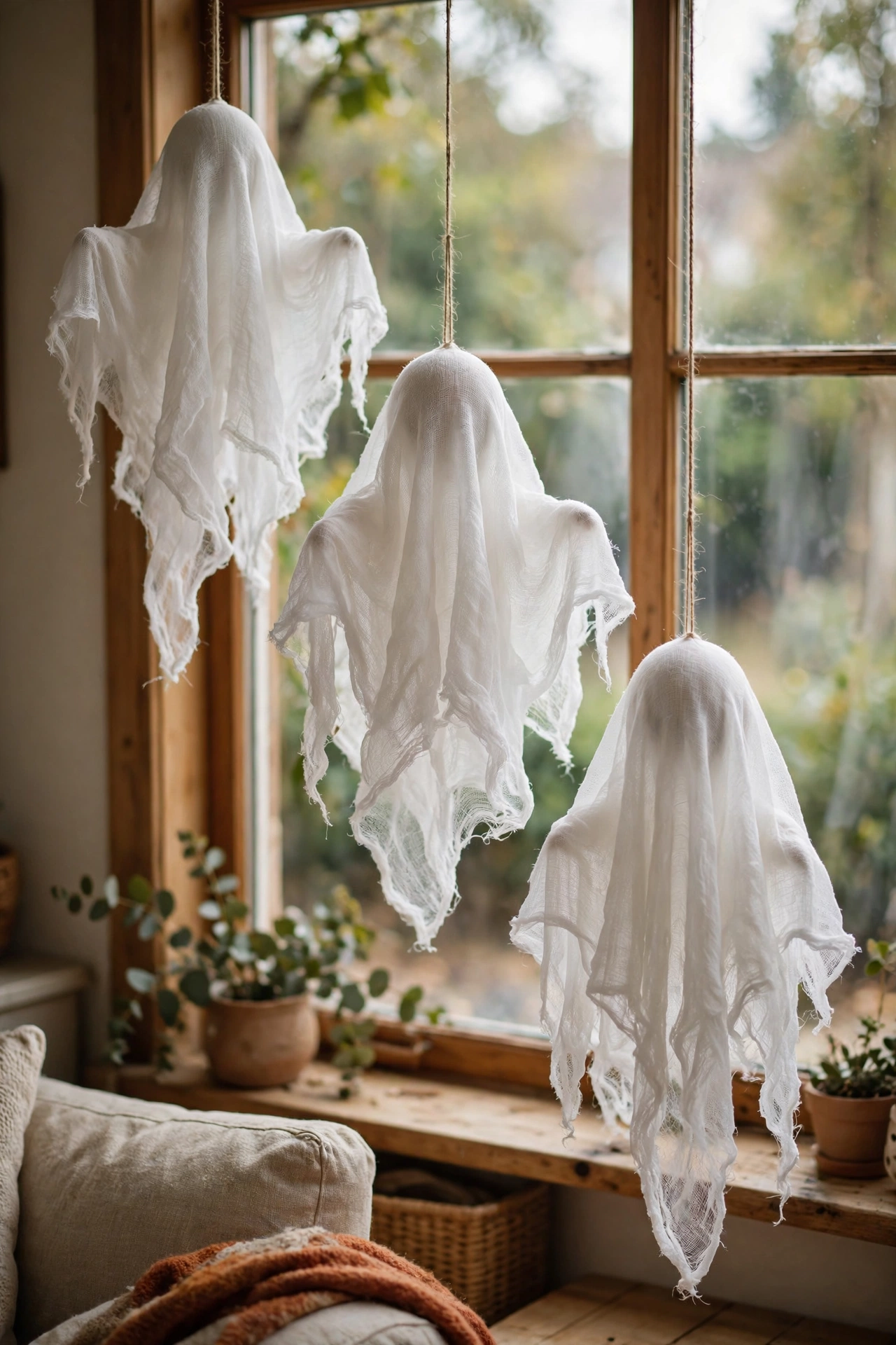 DIY cheesecloth ghost figures hanging in a living room window for Halloween