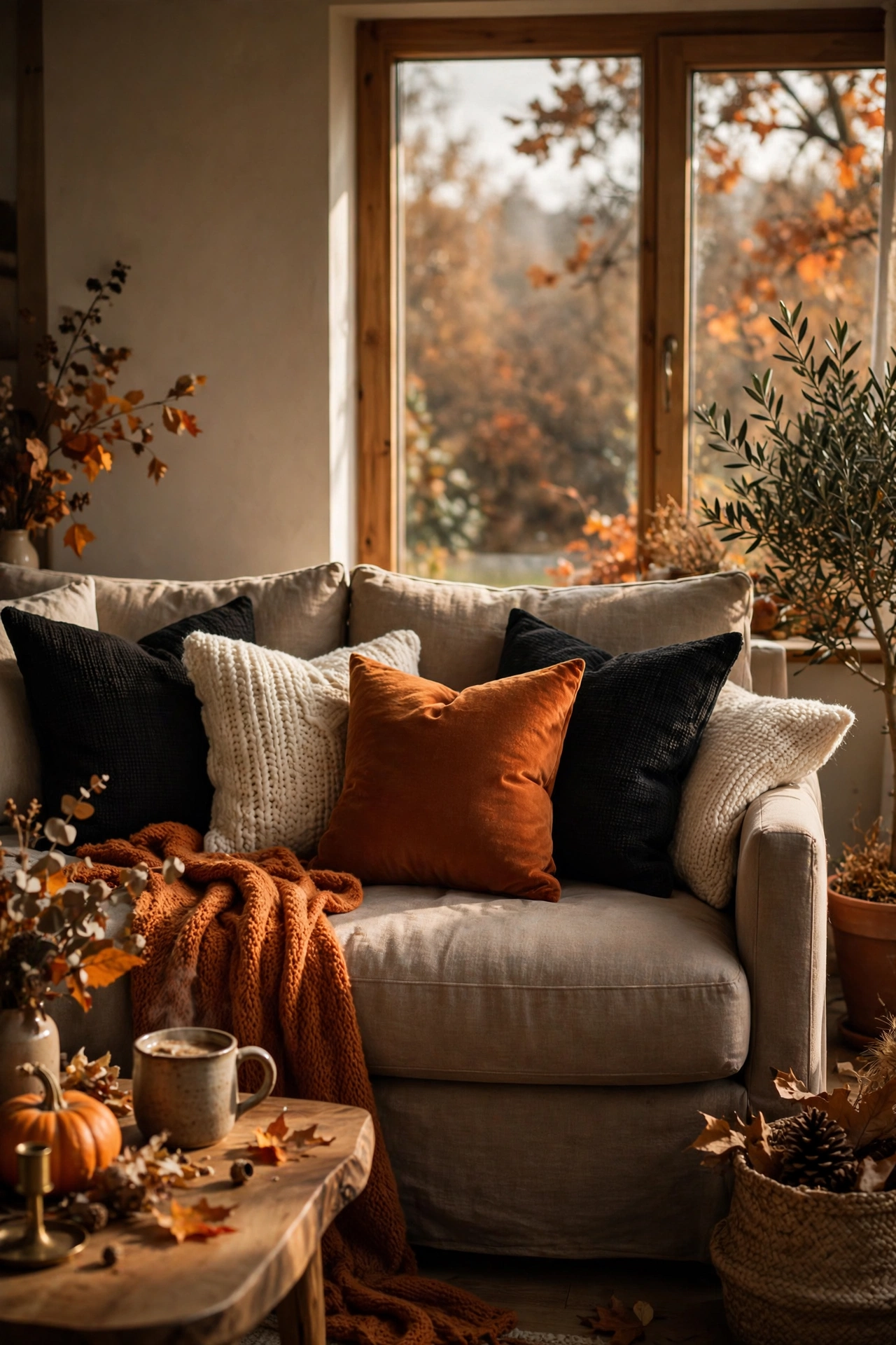 Halloween living room sofa with black pillow covers swapped in for October