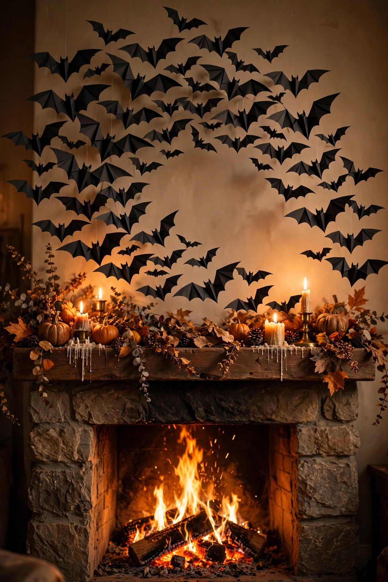 Black paper bats swarming across a living room wall above the mantel for Halloween