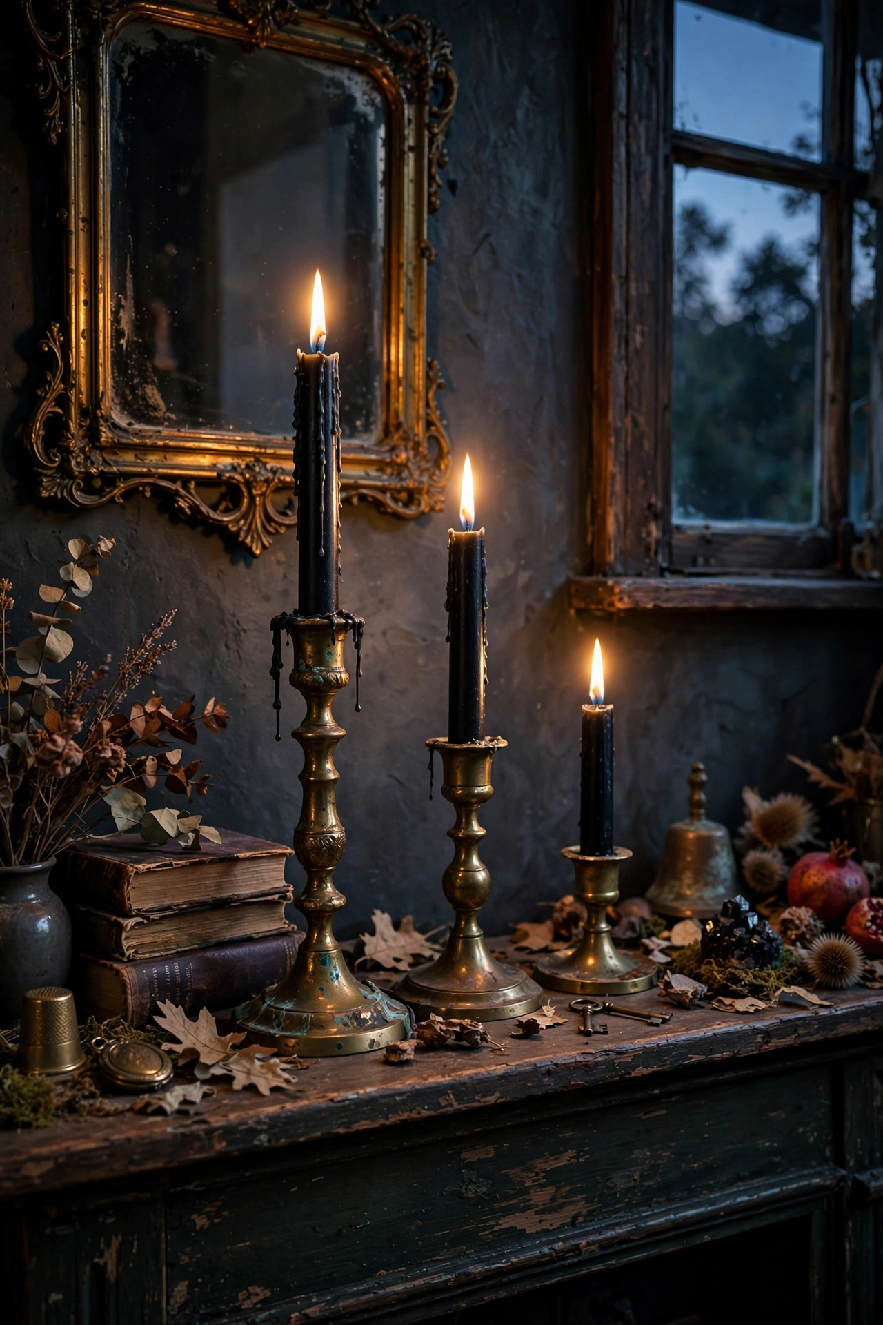 Thrifted brass candlesticks with black taper candles on a Halloween mantel