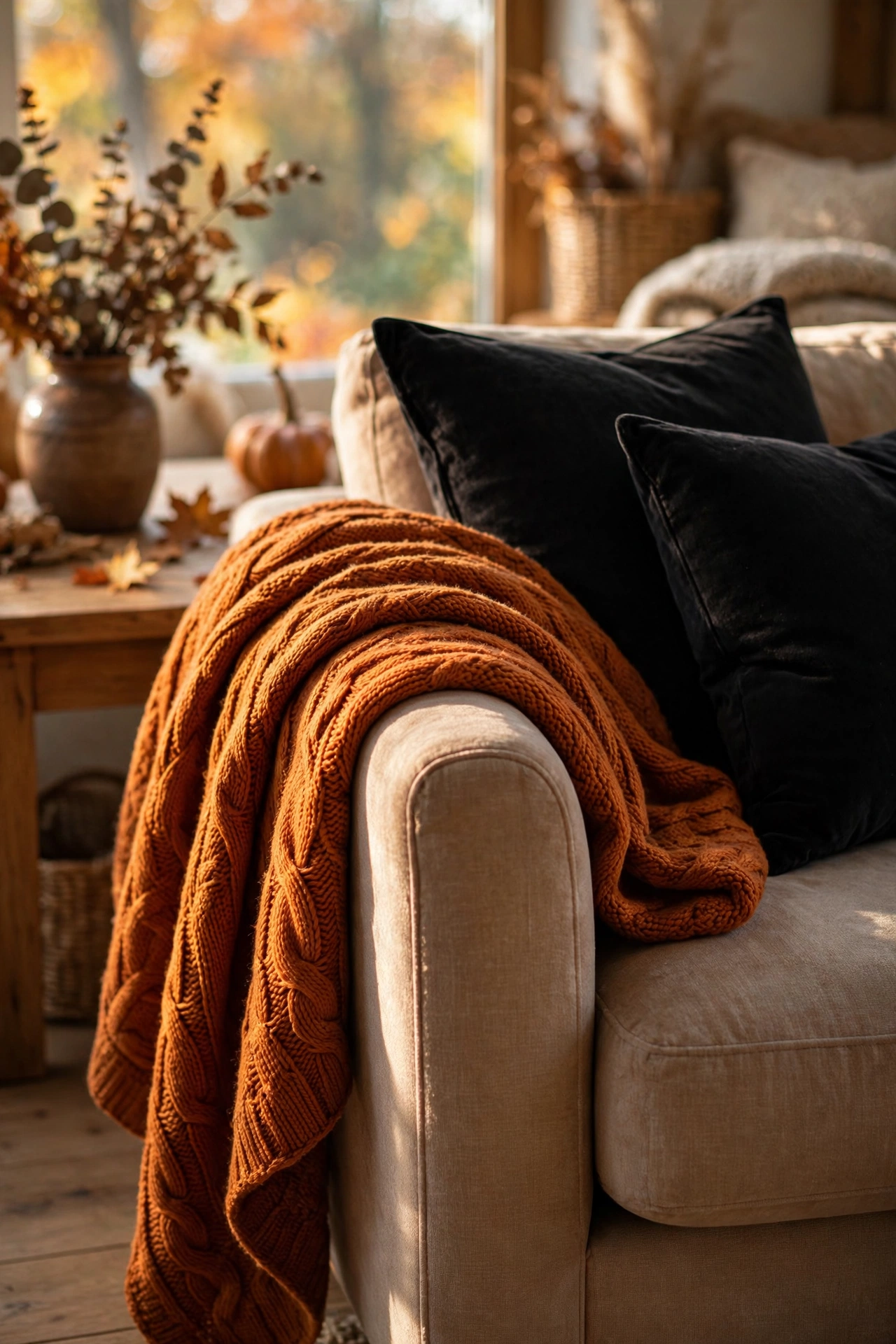 Burnt orange throw blanket swapped onto a sofa for Halloween living room decor