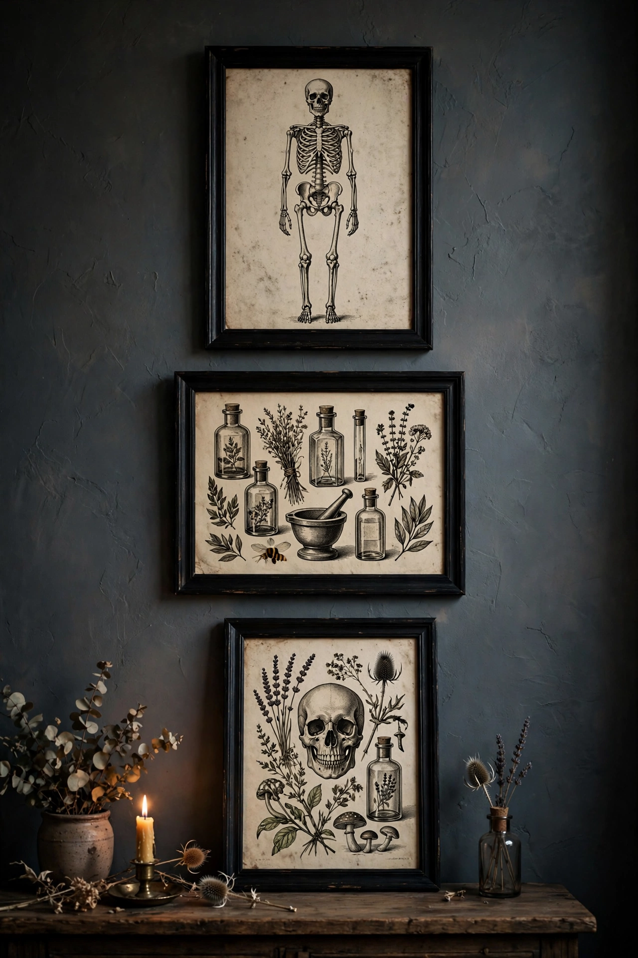 Free printable vintage Halloween art swapped into frames in a living room