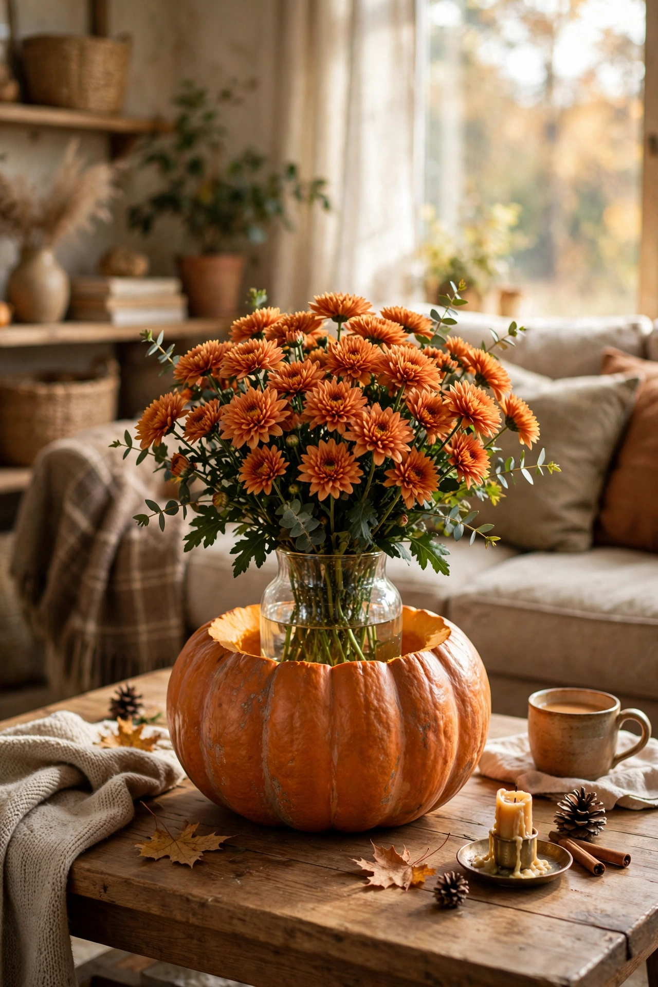 Hollowed pumpkin used as a vase with mums for a Halloween centerpiece