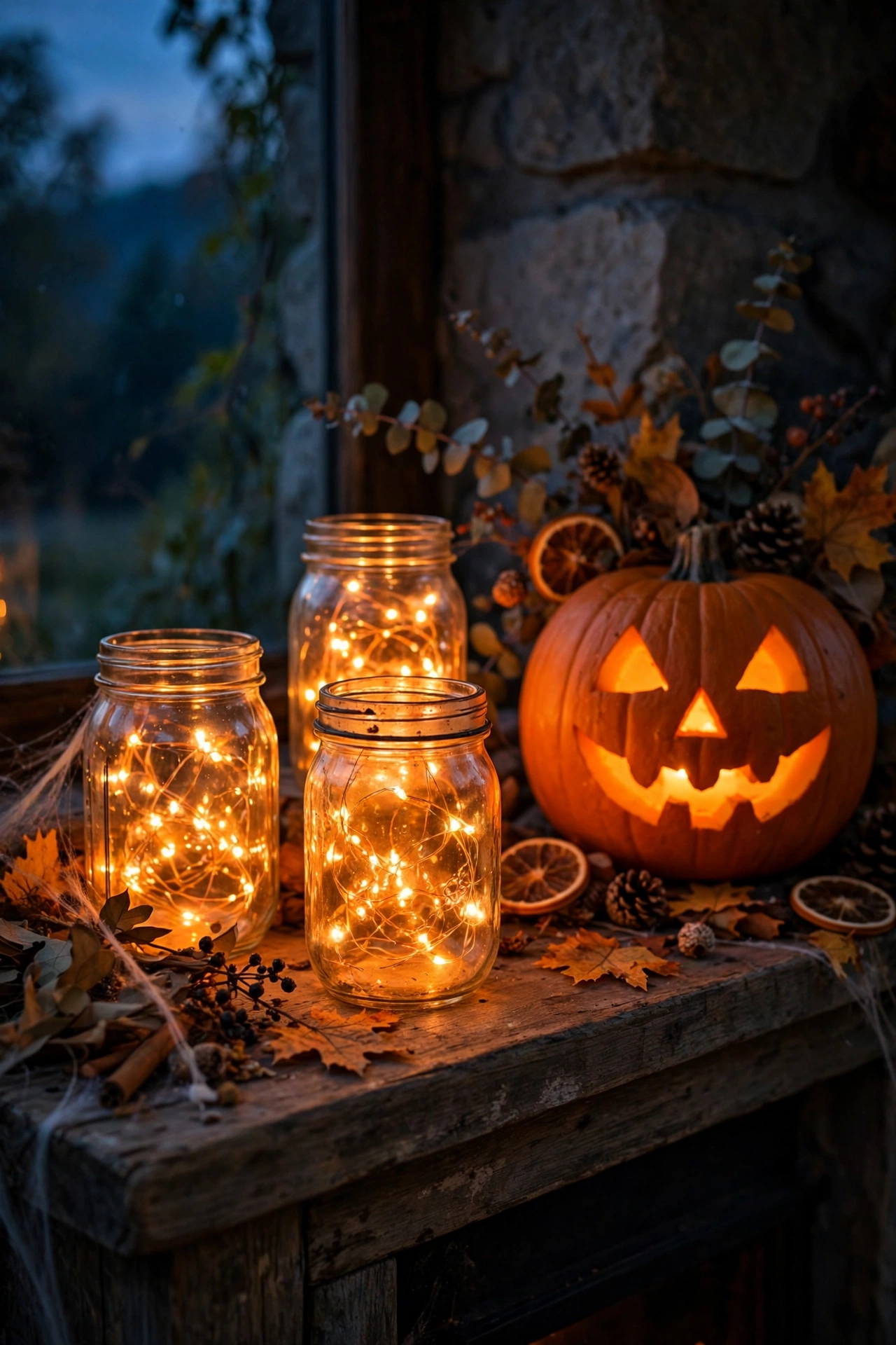 Orange fairy lights glowing in mason jars on a Halloween mantel