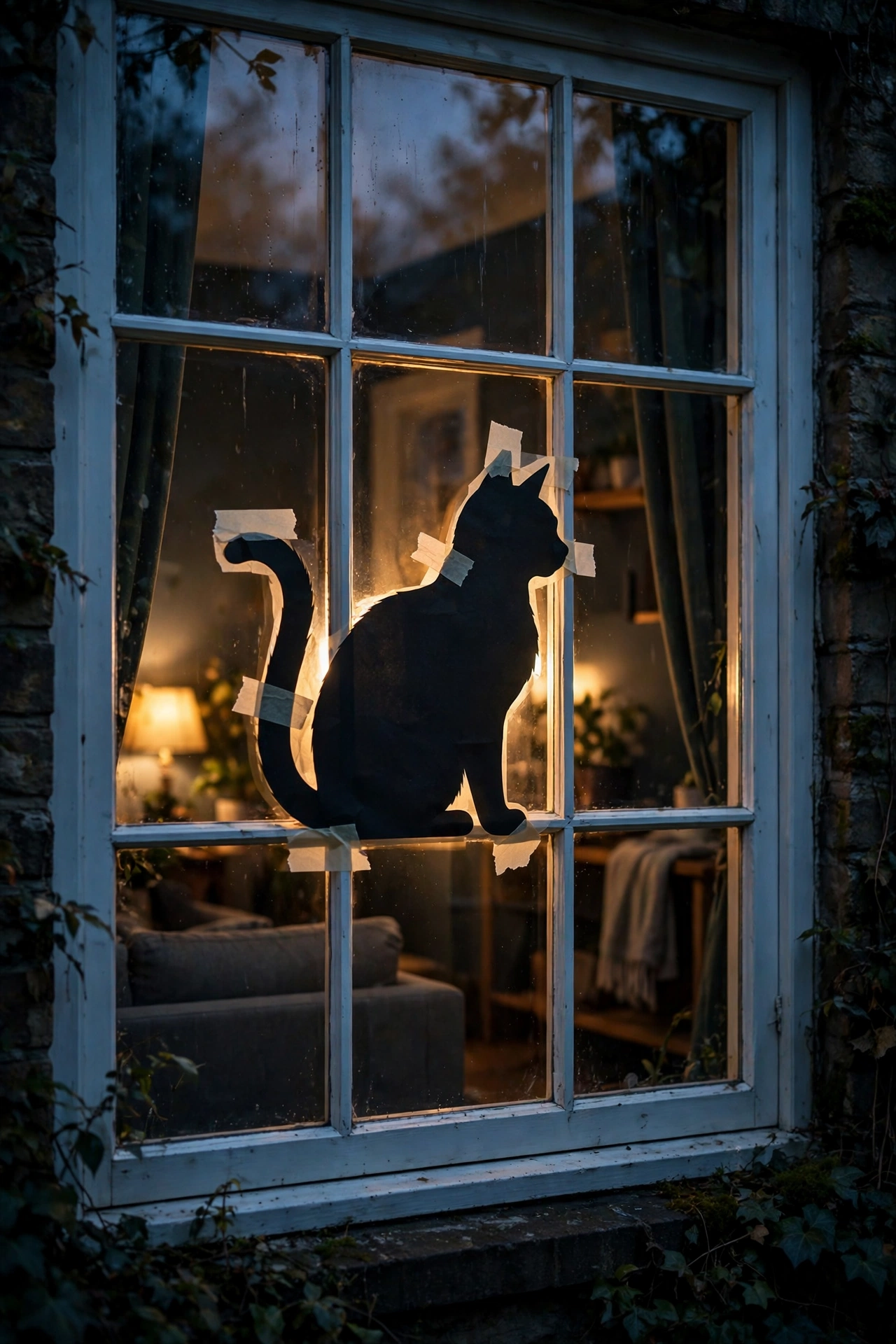 Black cat silhouette in a living room window backlit for Halloween