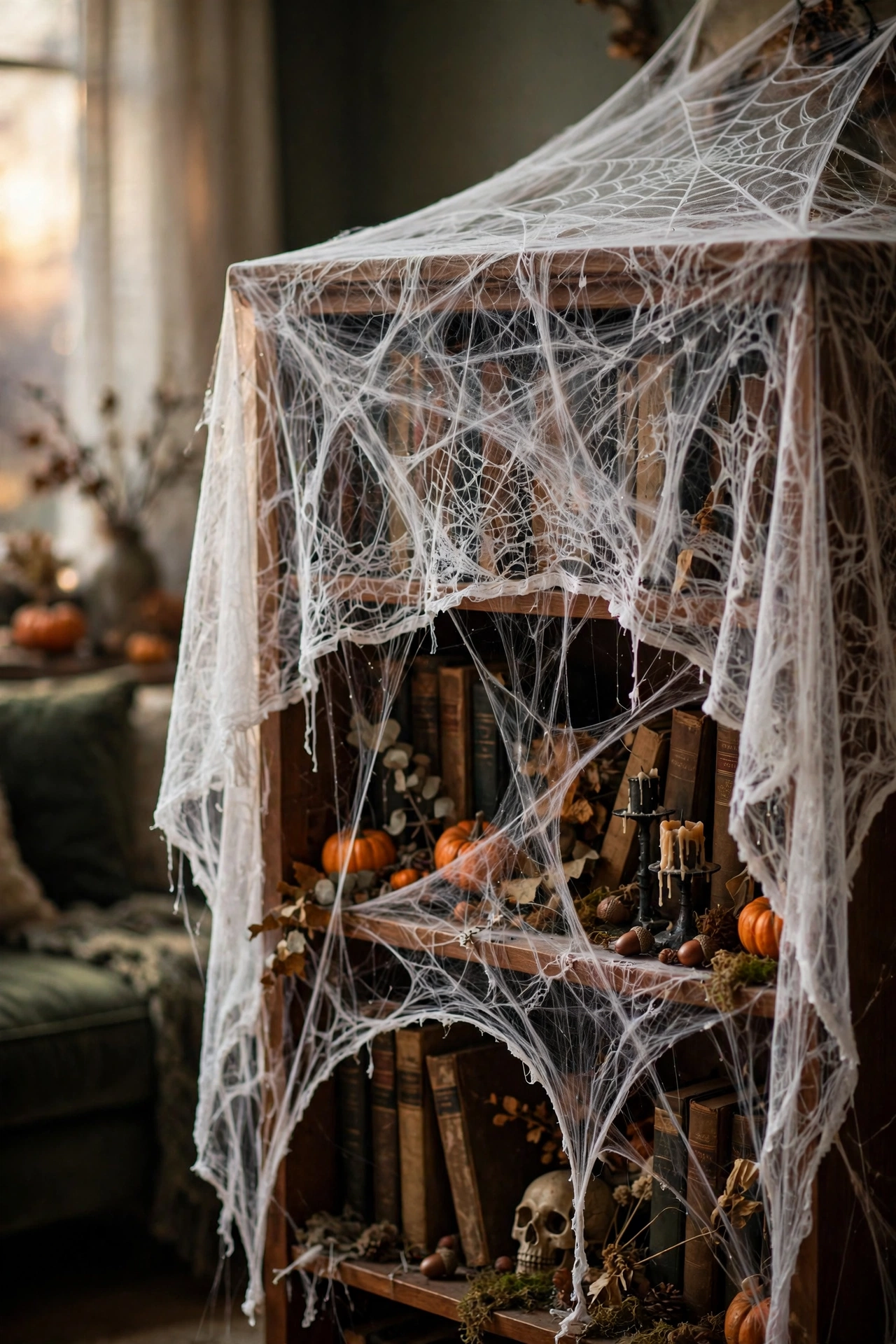 Dollar Tree spiderweb tablecloth draped over a bookshelf for Halloween