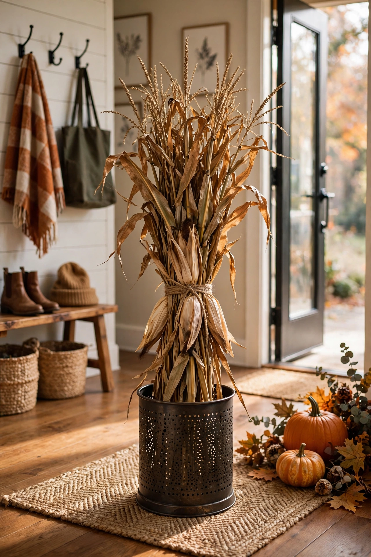 Bundle of dried corn stalks tied with twine by a living room entry for Halloween