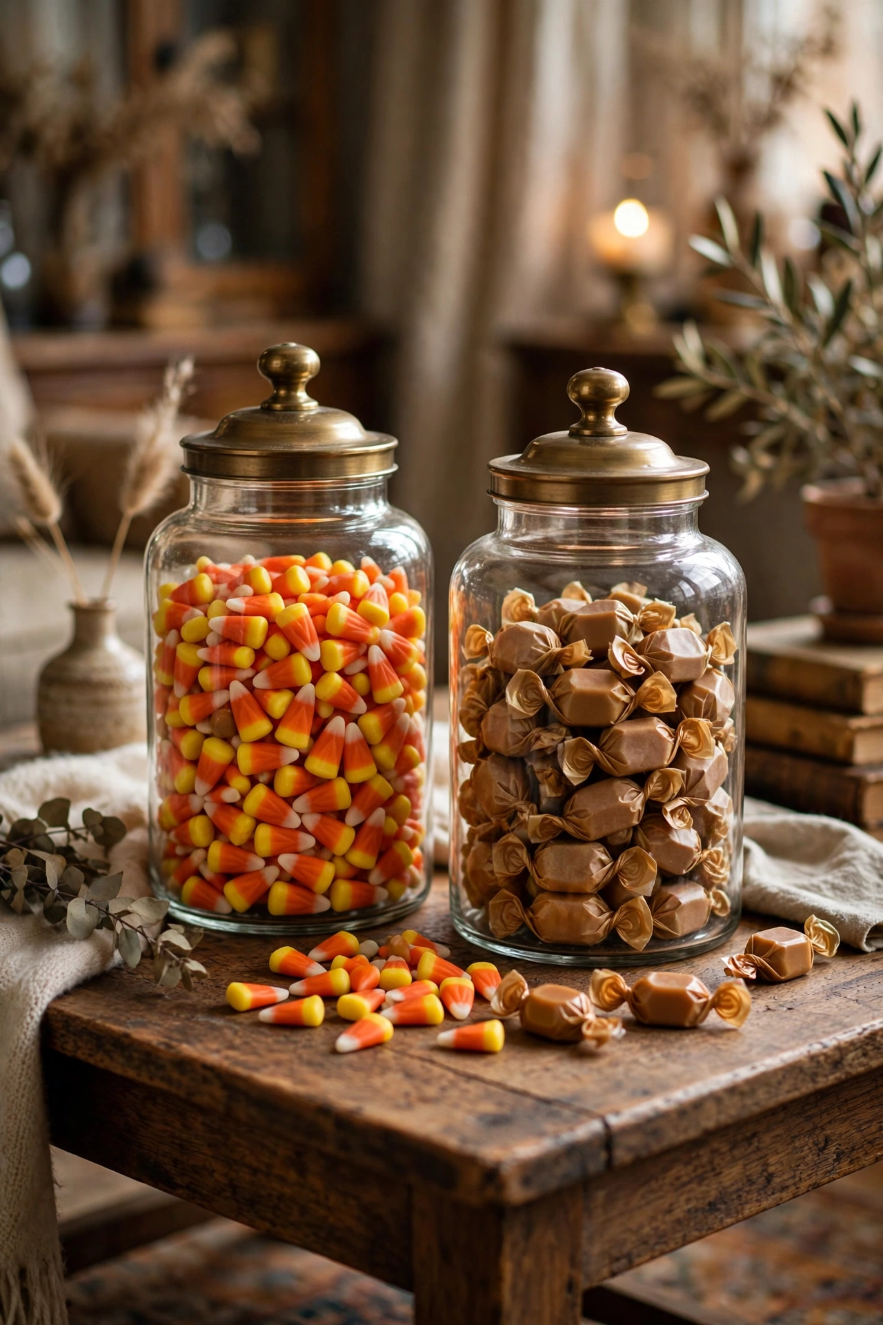 Glass apothecary candy jars filled with Halloween candy on a coffee table