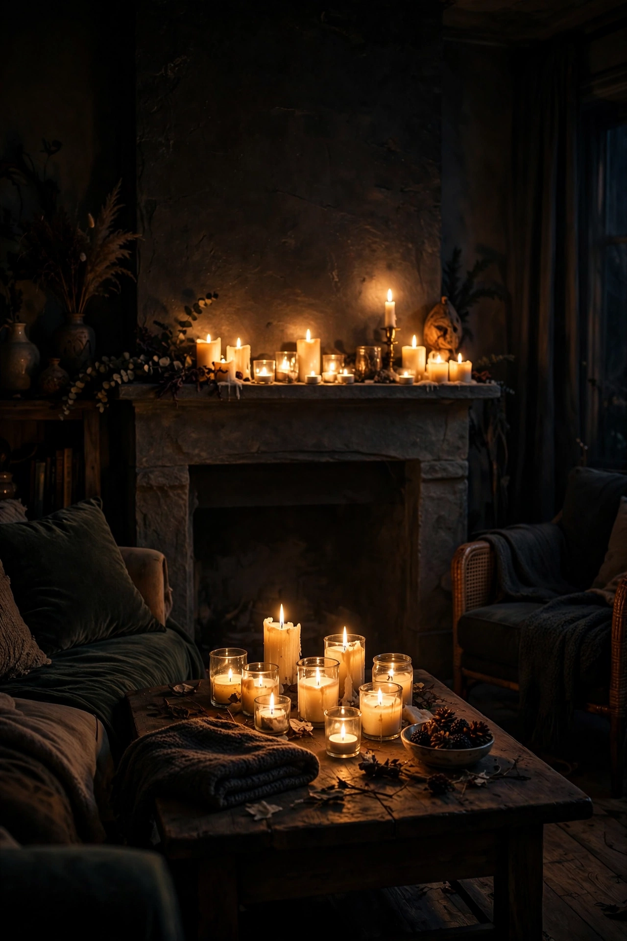 Living room lit only by candles on the mantel for a spooky Halloween evening