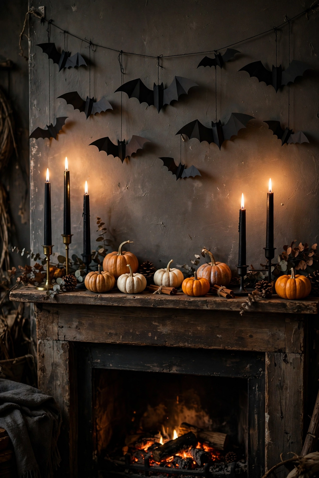 Halloween mantel styled for $10 with black candles pumpkins and paper bats