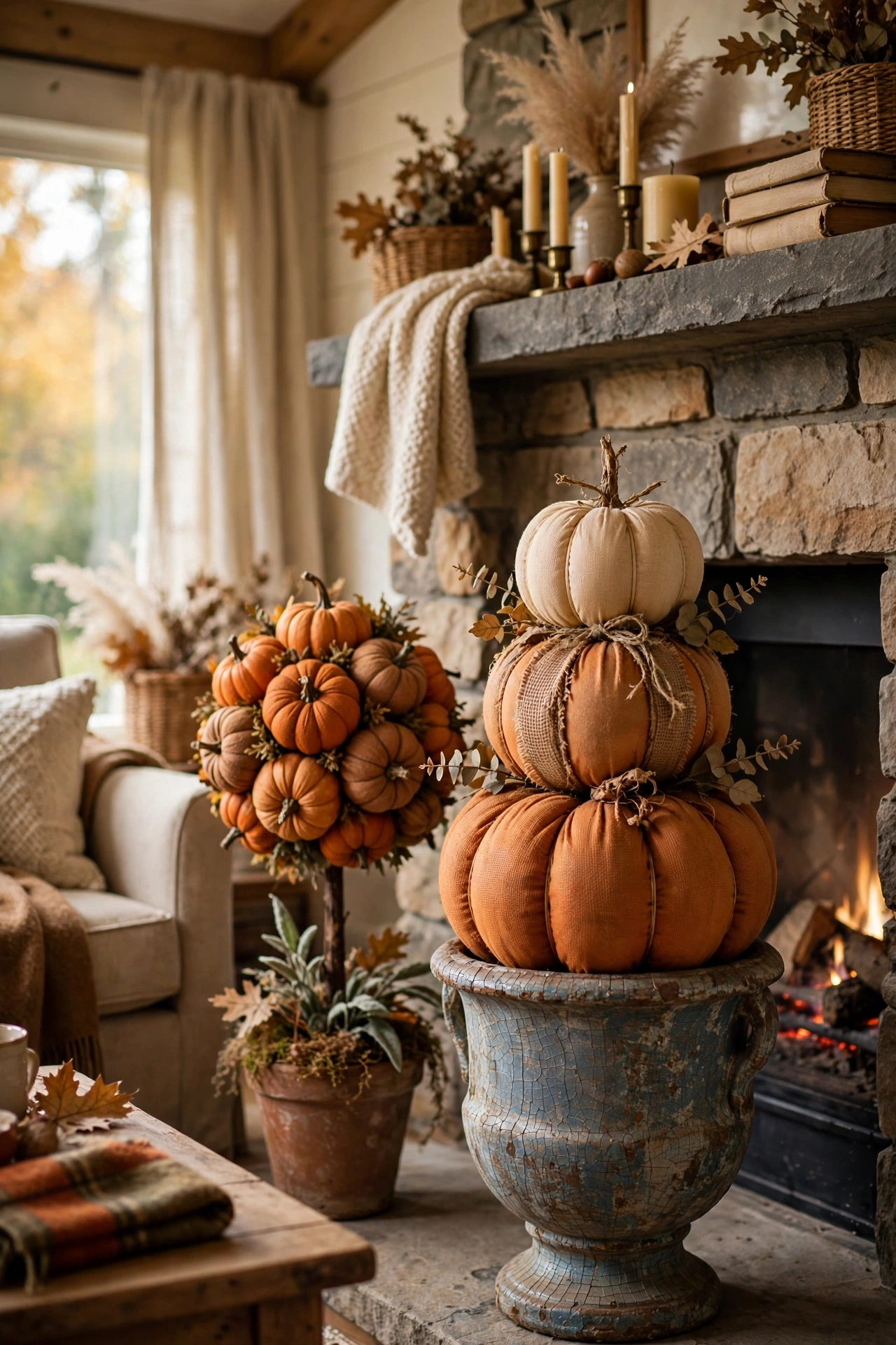 Stacked faux pumpkin topiary in an urn by a fireplace for Halloween