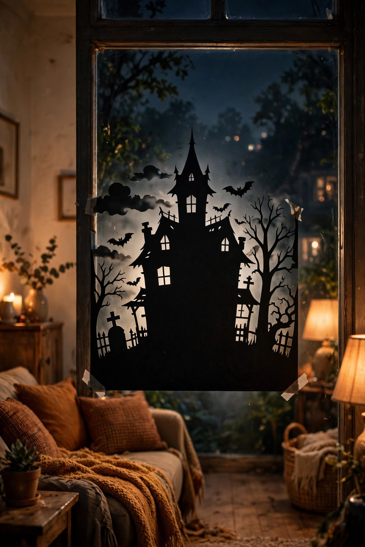 Black cardstock haunted house silhouette in a living room window at night