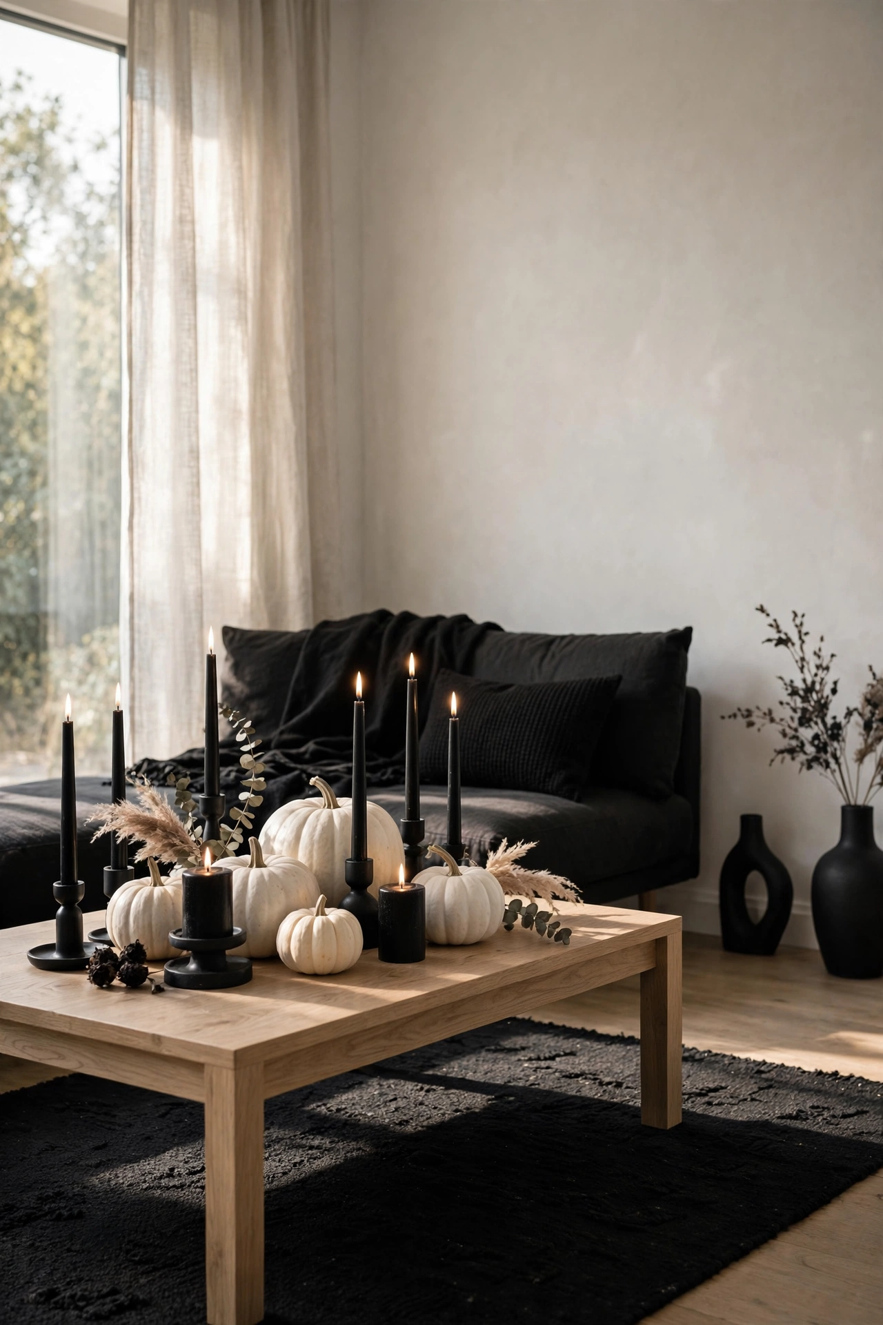 Minimalist black and white Halloween living room decor with white pumpkins
