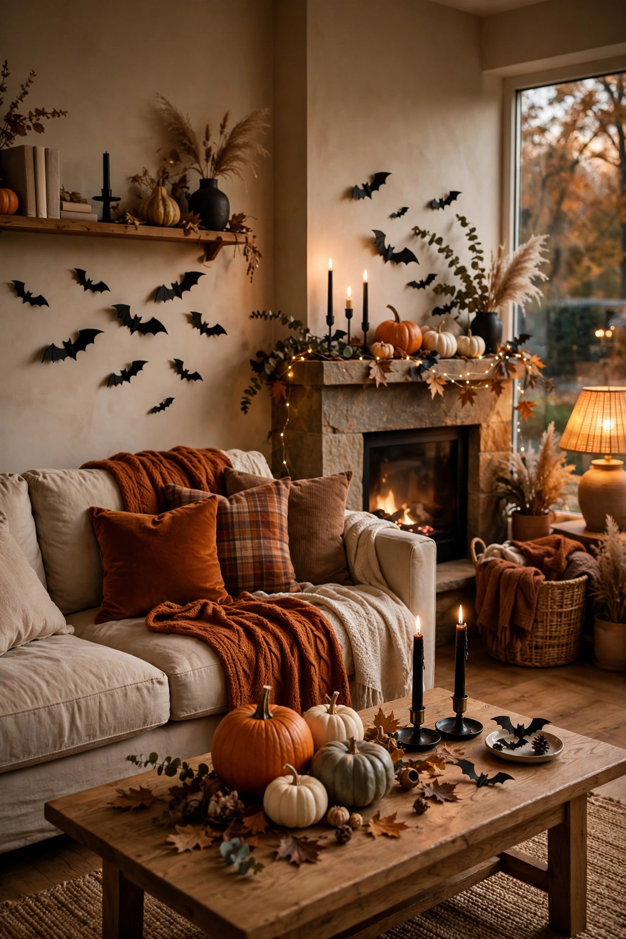 Cozy fall living room base with a few spooky Halloween accents added