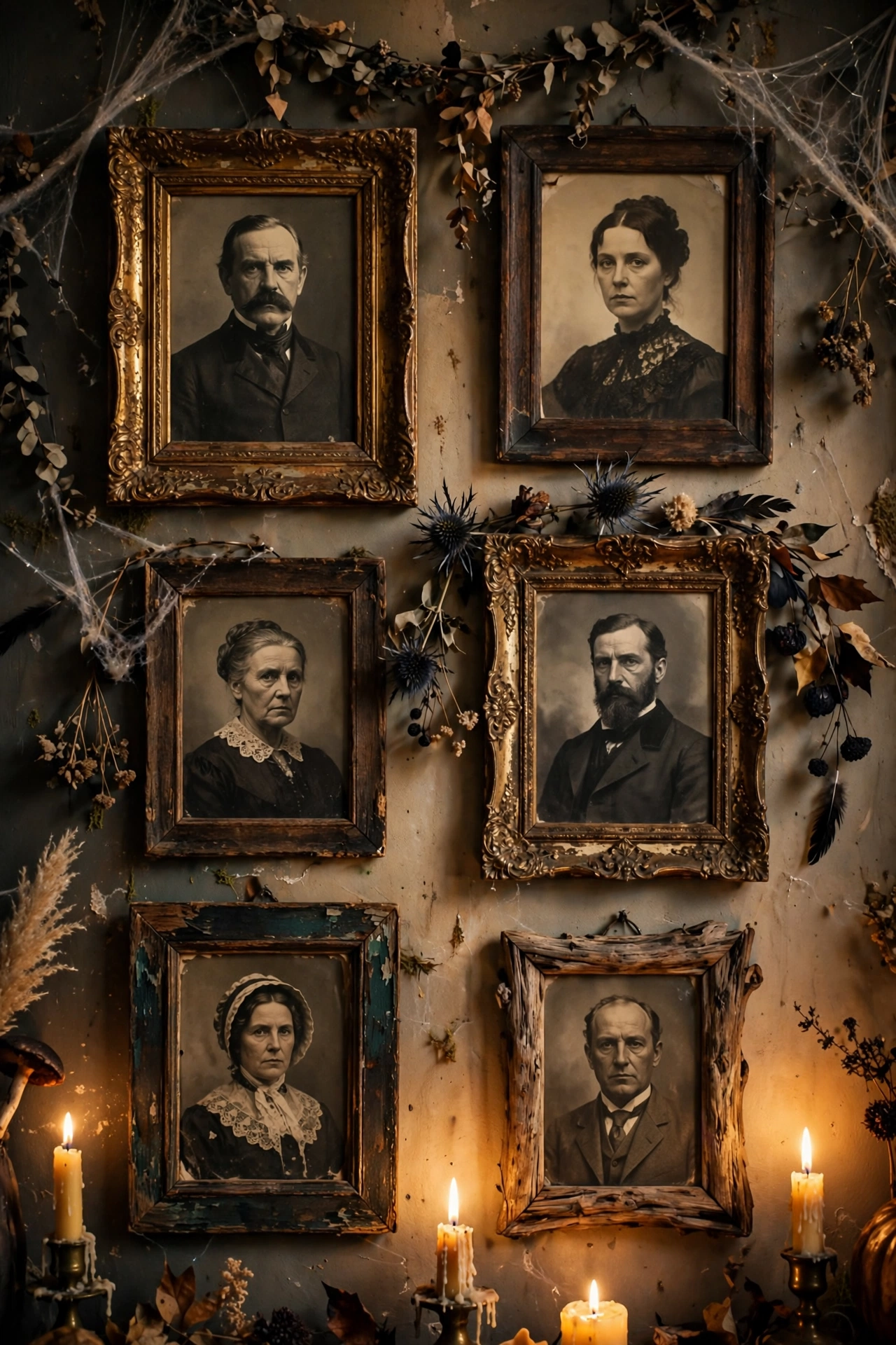 Stern thrifted Victorian portraits hung as spooky Halloween gallery wall
