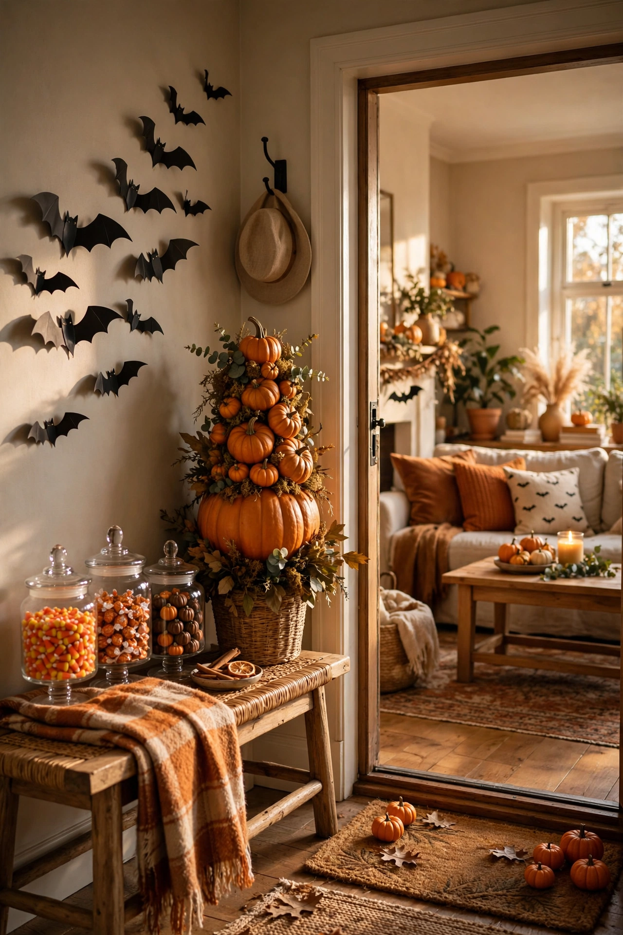 Halloween decor flowing from entryway into the living room with pumpkins and bats