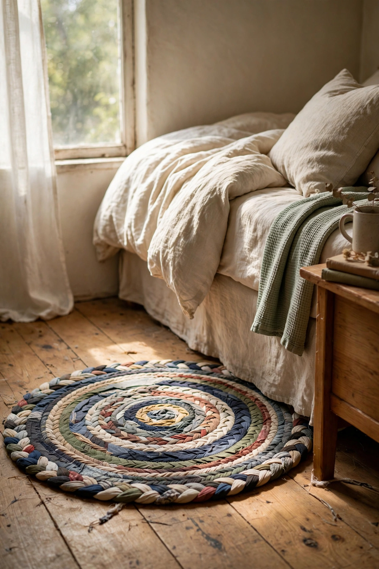Braided rag rug made from old t-shirts beside a bed