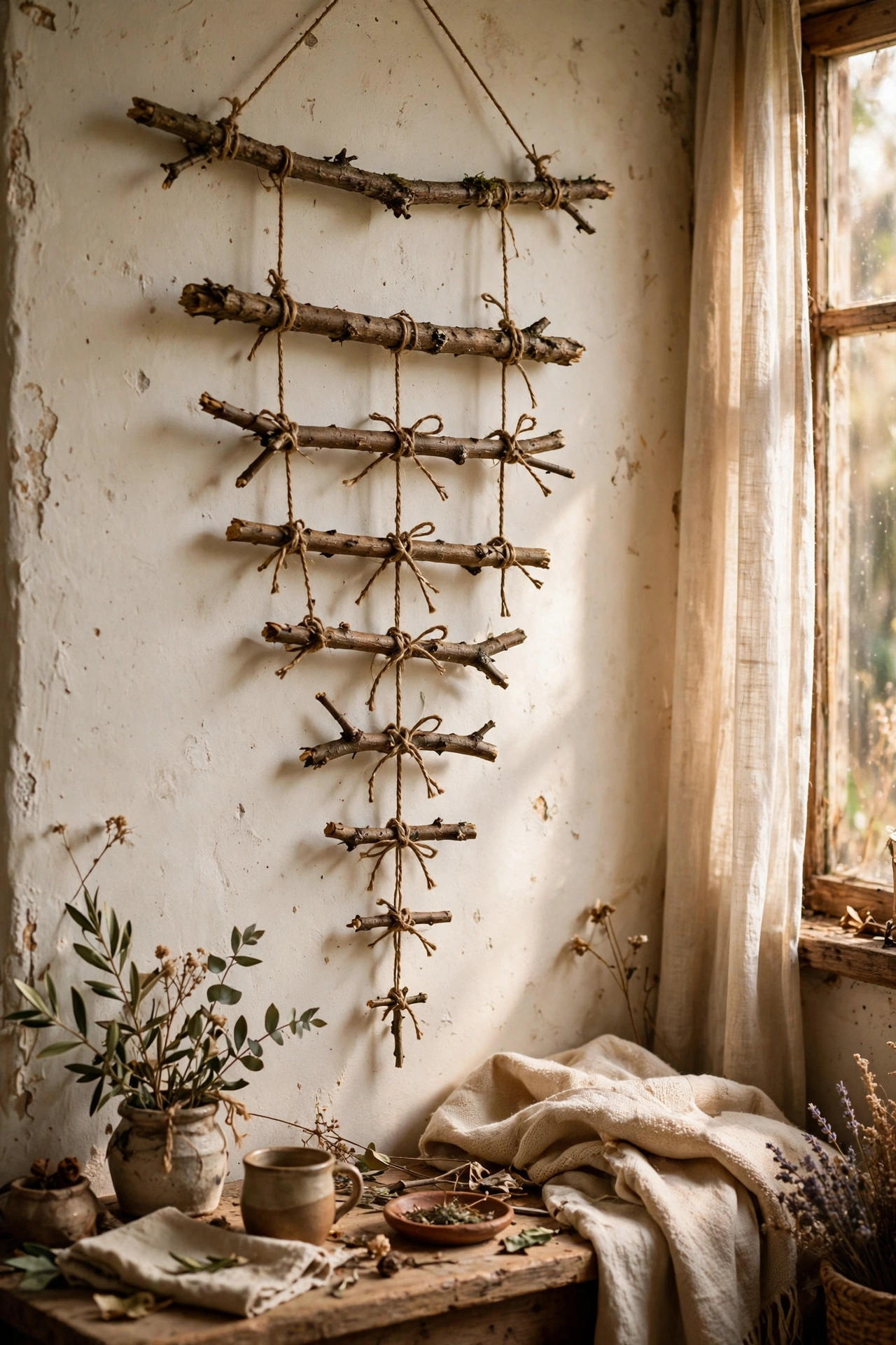 Wall hanging of graduated foraged sticks tied with twine