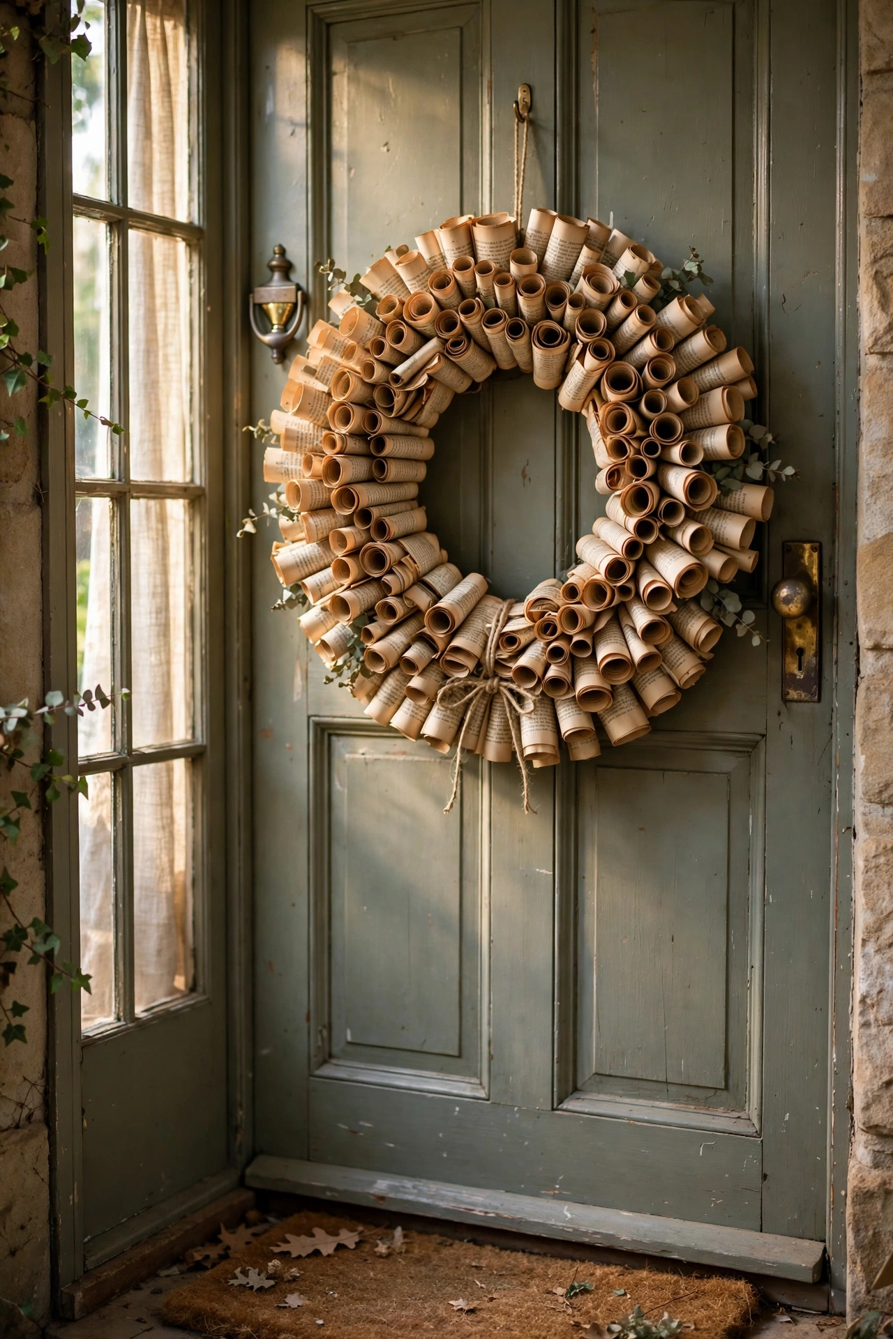 Wreath made from rolled old book pages on a front door