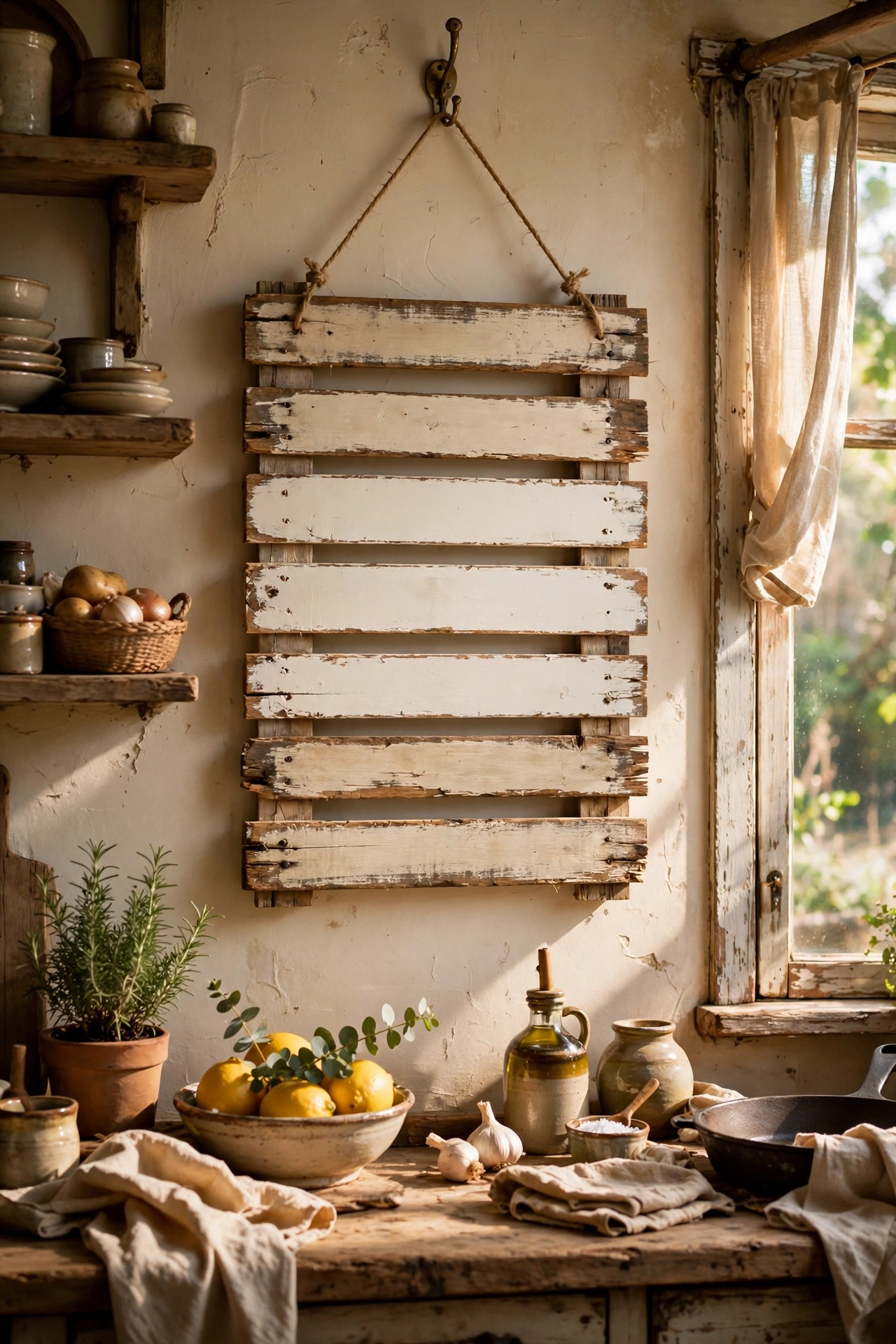 Rustic hand-painted sign on a reclaimed pallet slat in a kitchen
