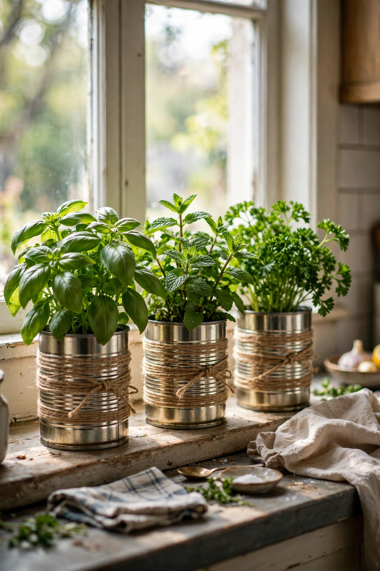 Herb planters made from tin cans wrapped with twine on windowsill