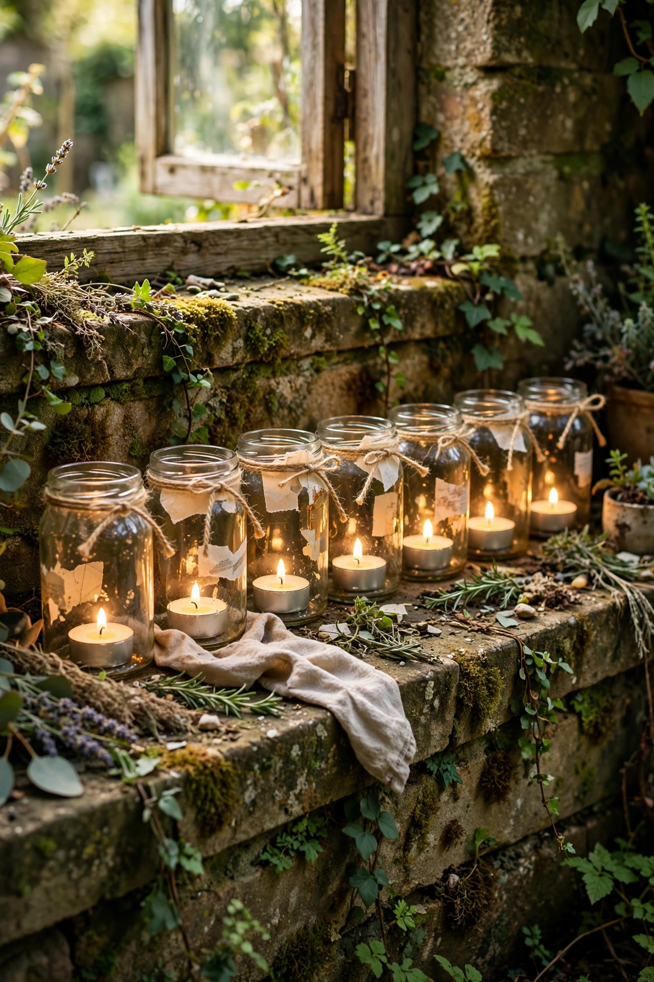 Jam jars with tealights glowing along a garden wall at dusk