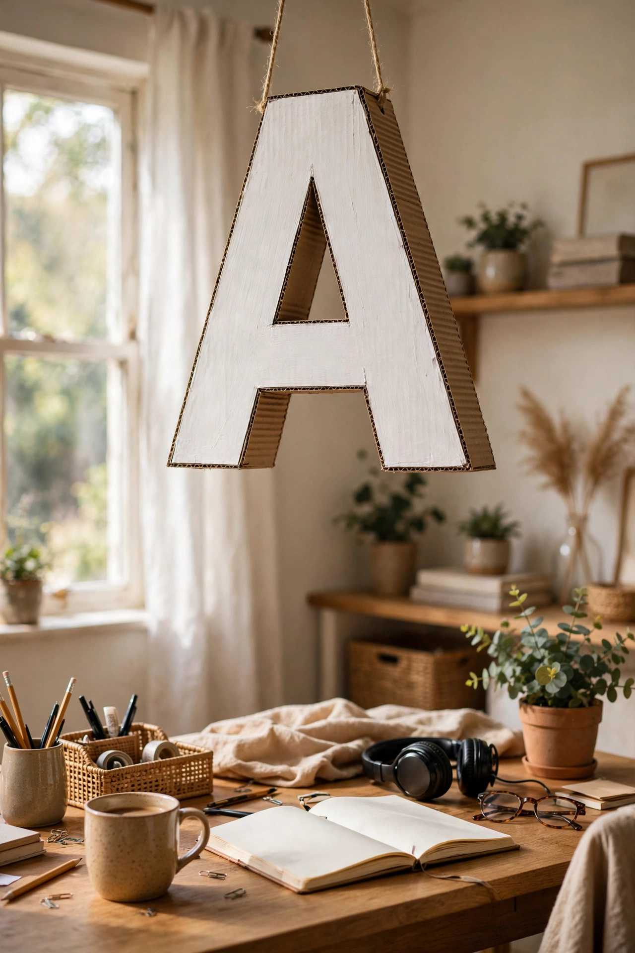 Large 3D cardboard letter painted white above a desk