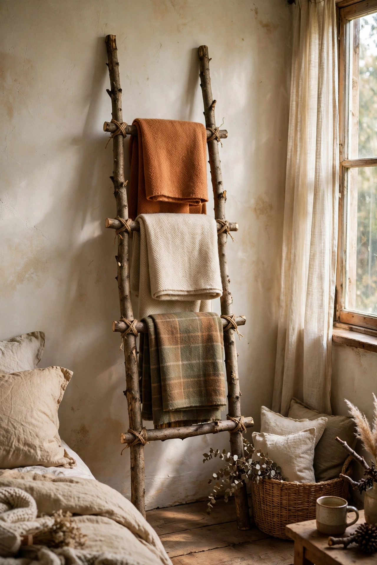 Rustic blanket ladder made from branches lashed with twine