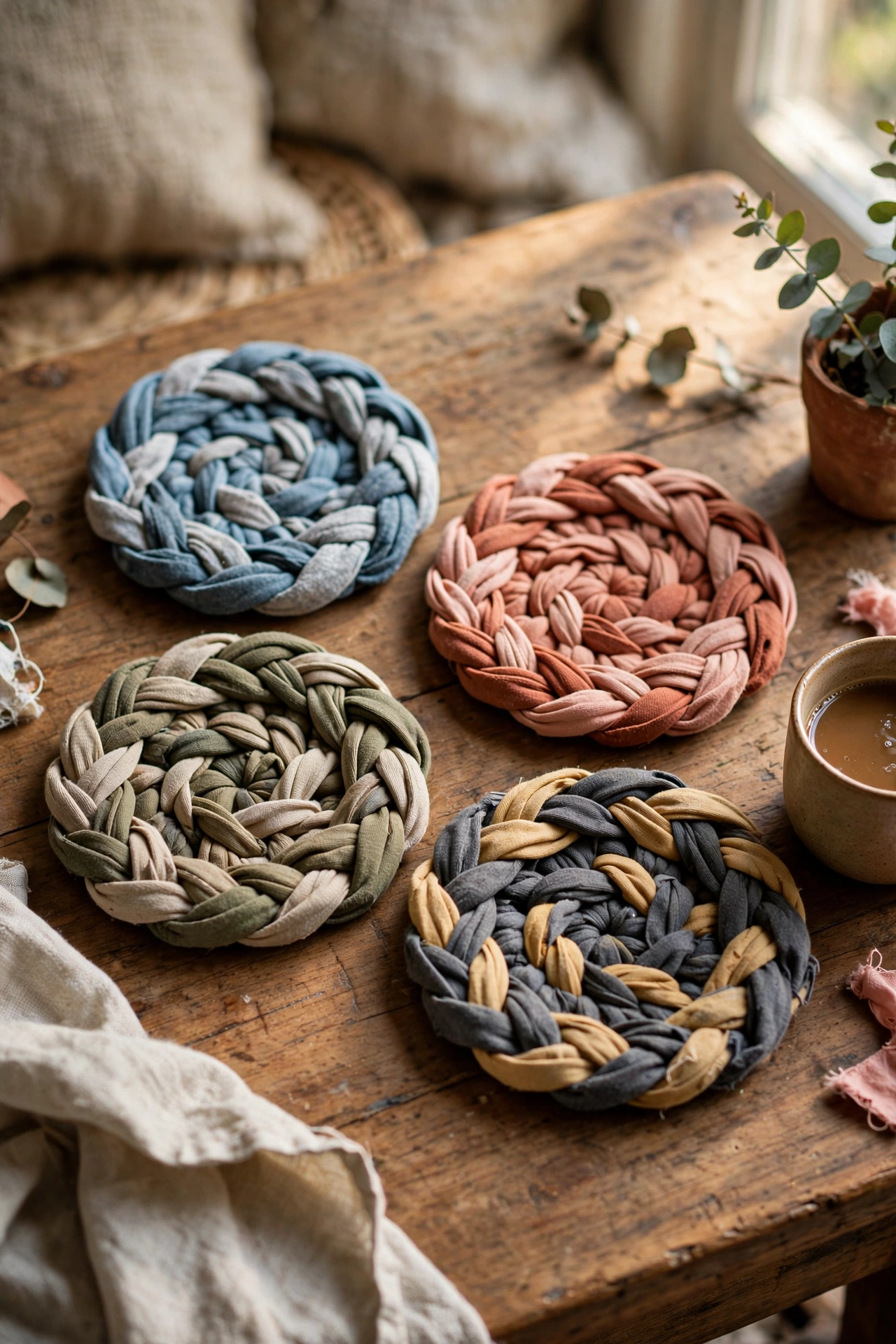 Set of braided coasters made from old t-shirt strips