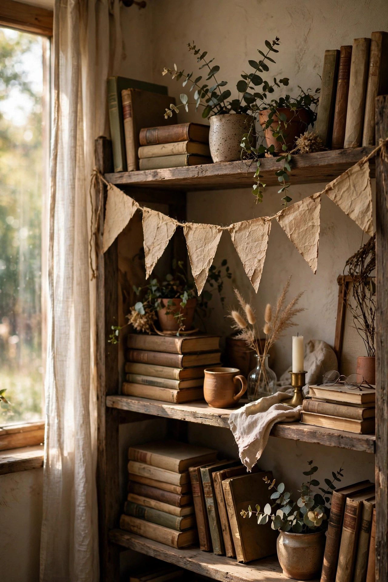 Bunting banner of triangles cut from old book pages
