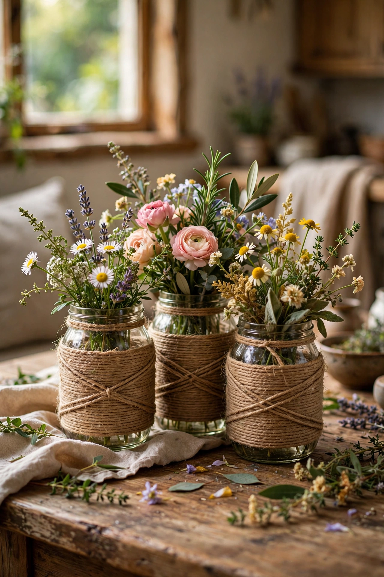 Glass jars wrapped in twine used as rustic vases with flowers