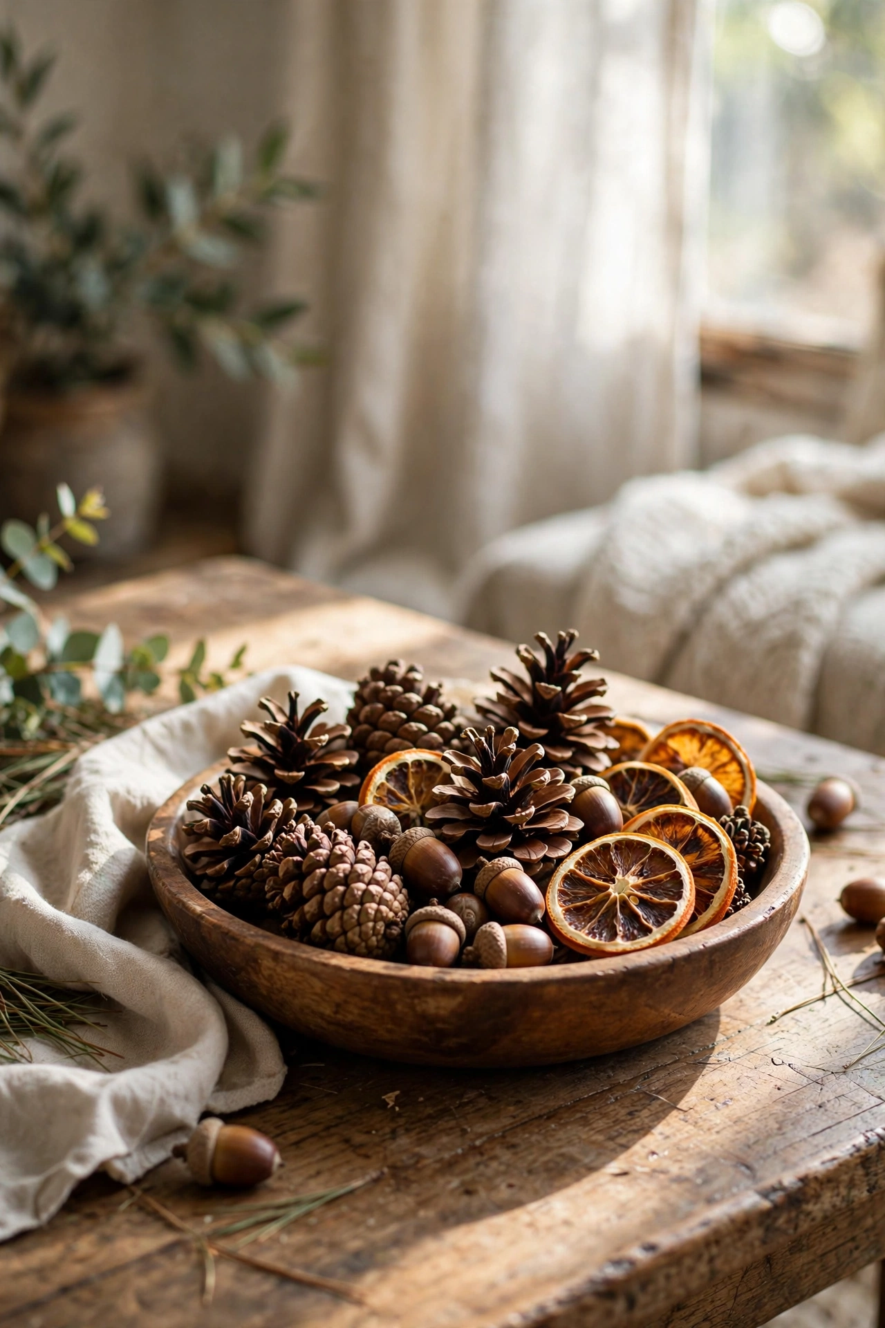 Wooden bowl filled with foraged pinecones and acorns