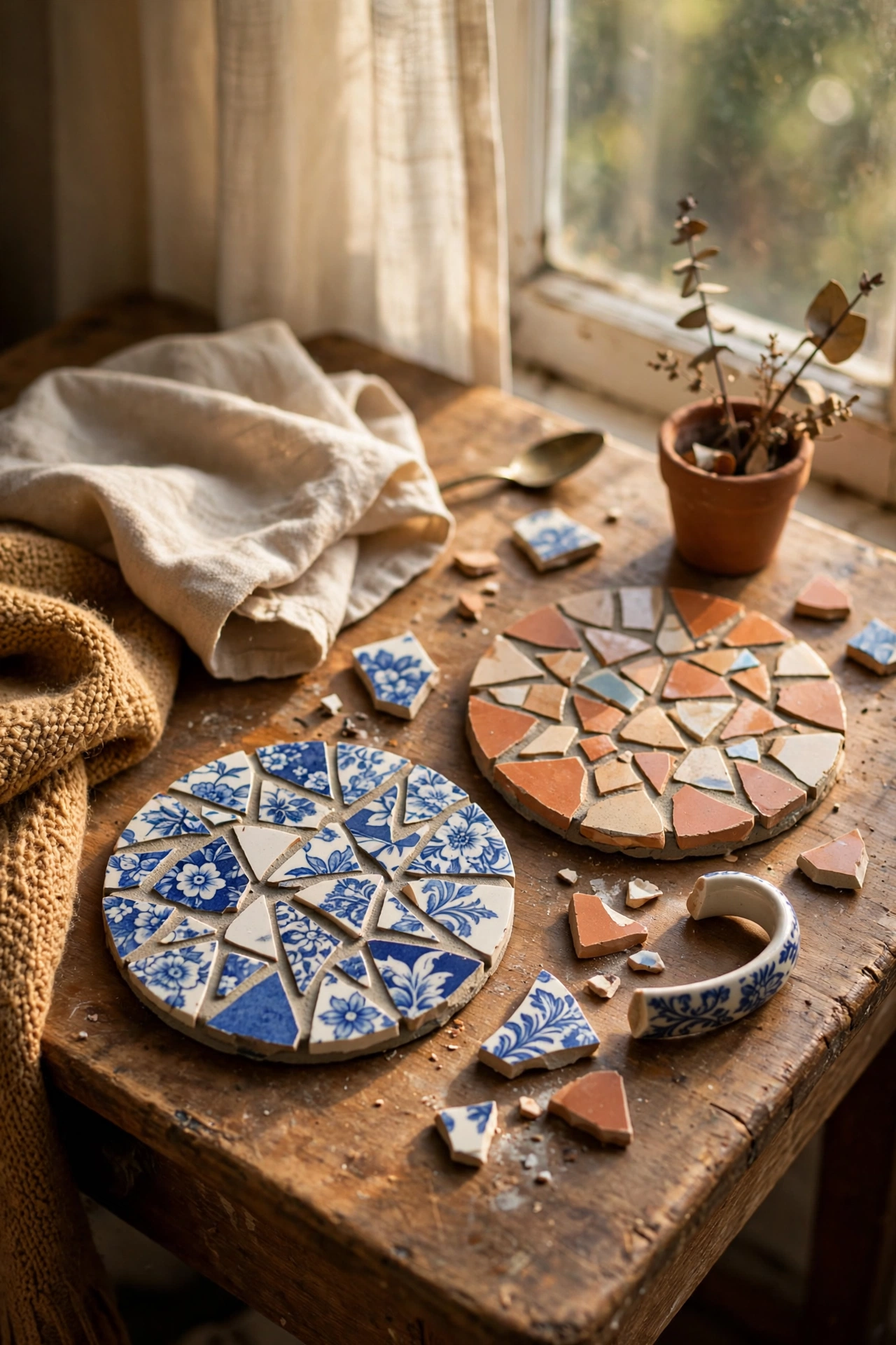 Mosaic coasters made from broken mug shards