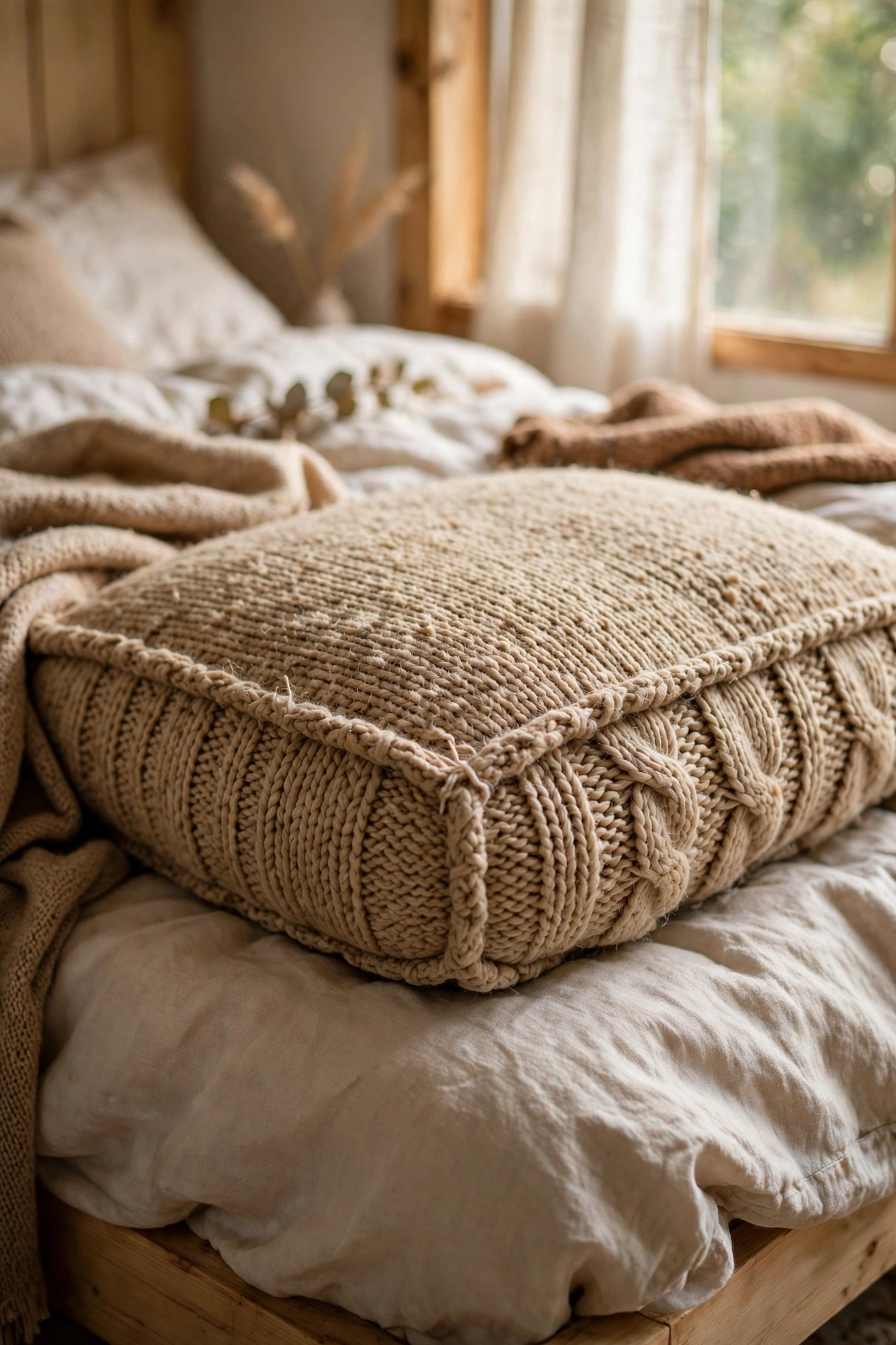 Cosy cushion cover sewn from an old wool jumper