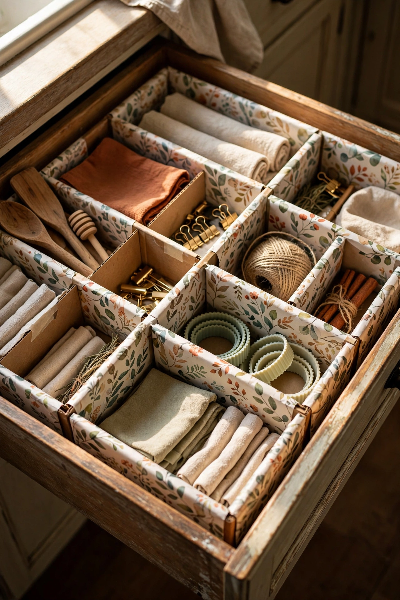 Drawer with custom dividers made from cereal boxes