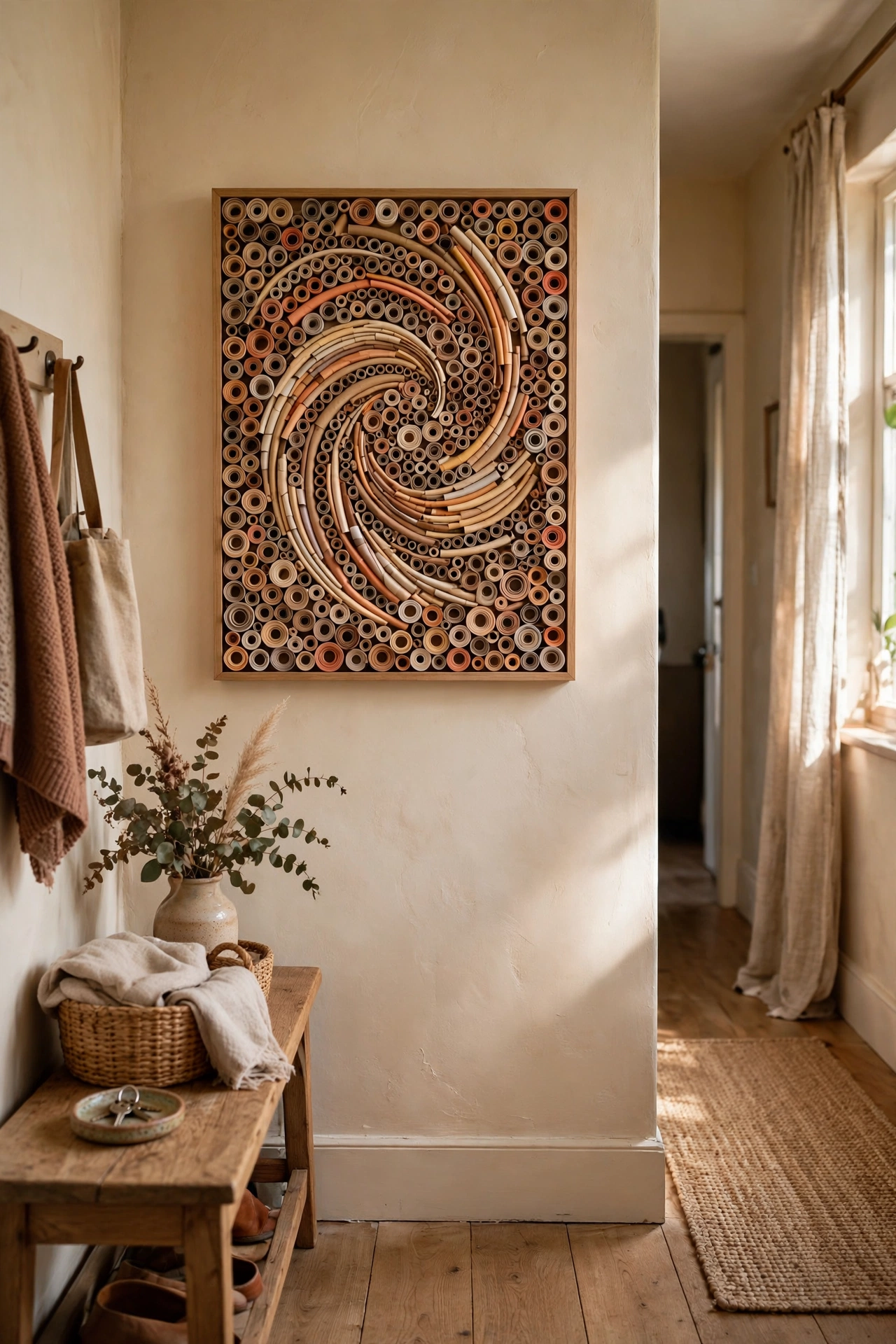 Textured wall art made from rolled magazine strips in one colour