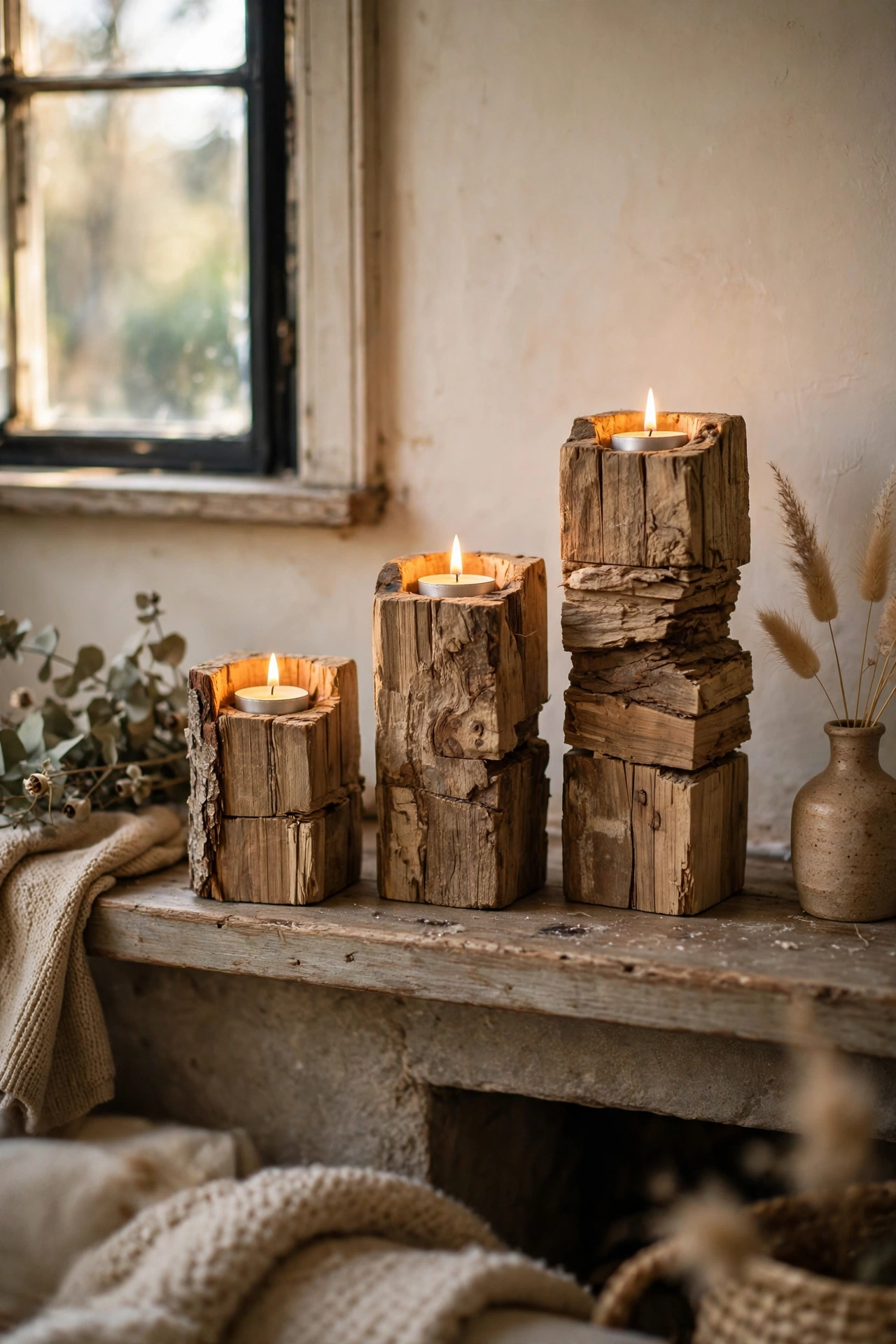 Chunky candle holders made from scrap wood blocks with tealights
