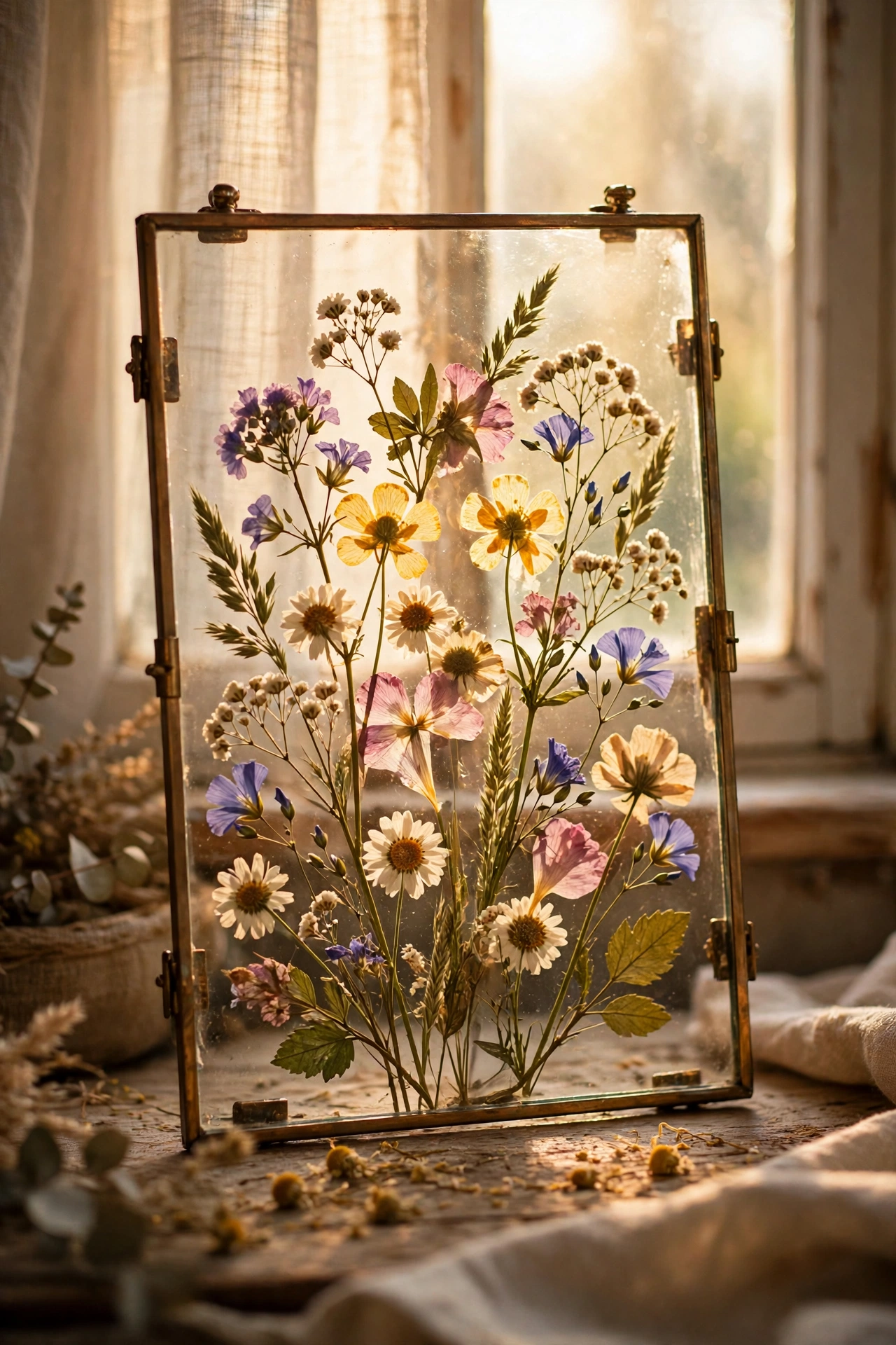 Pressed wildflowers sandwiched between glass panes hanging in window light