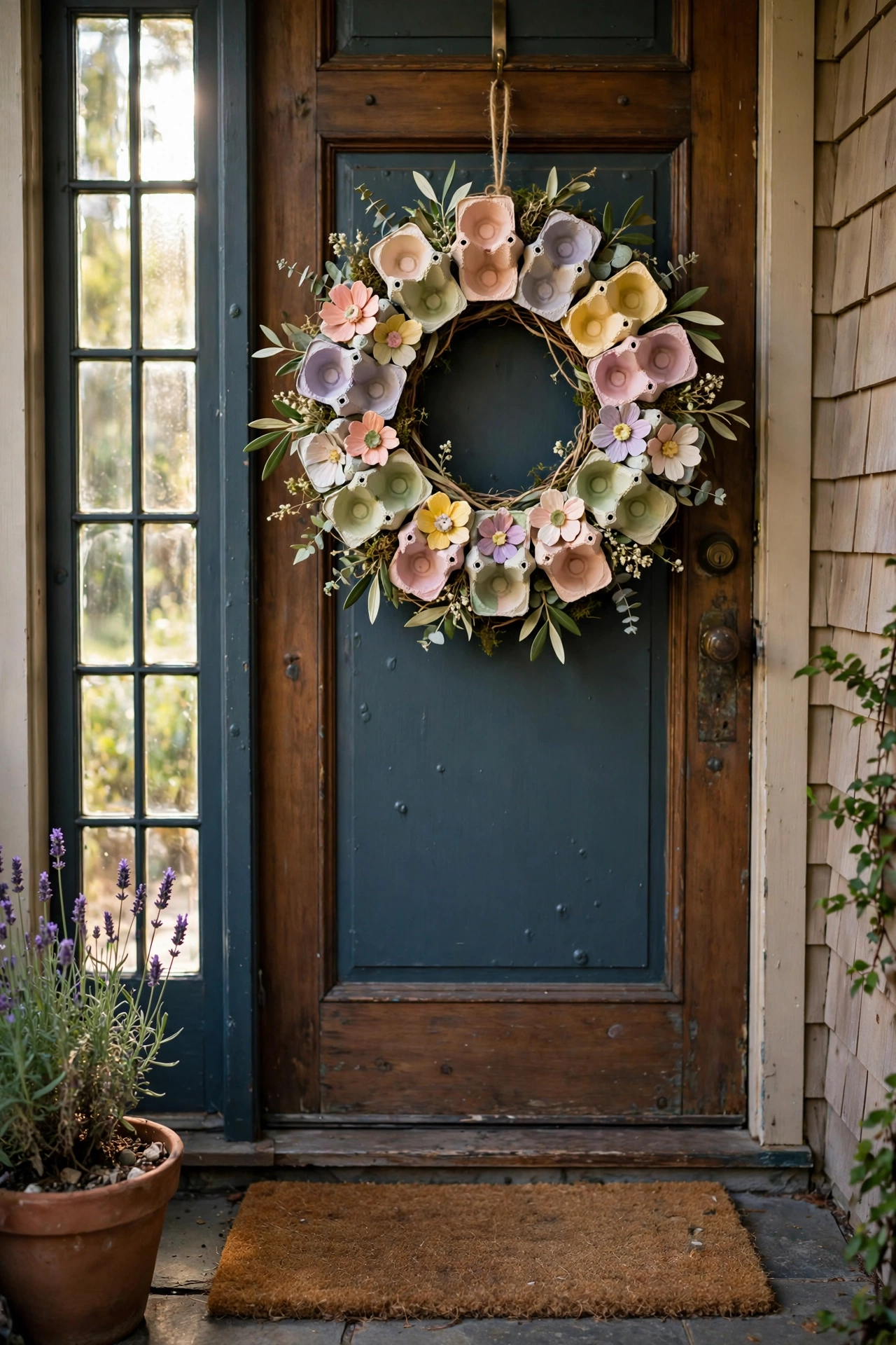 Floral wreath made from painted egg carton cups on a door