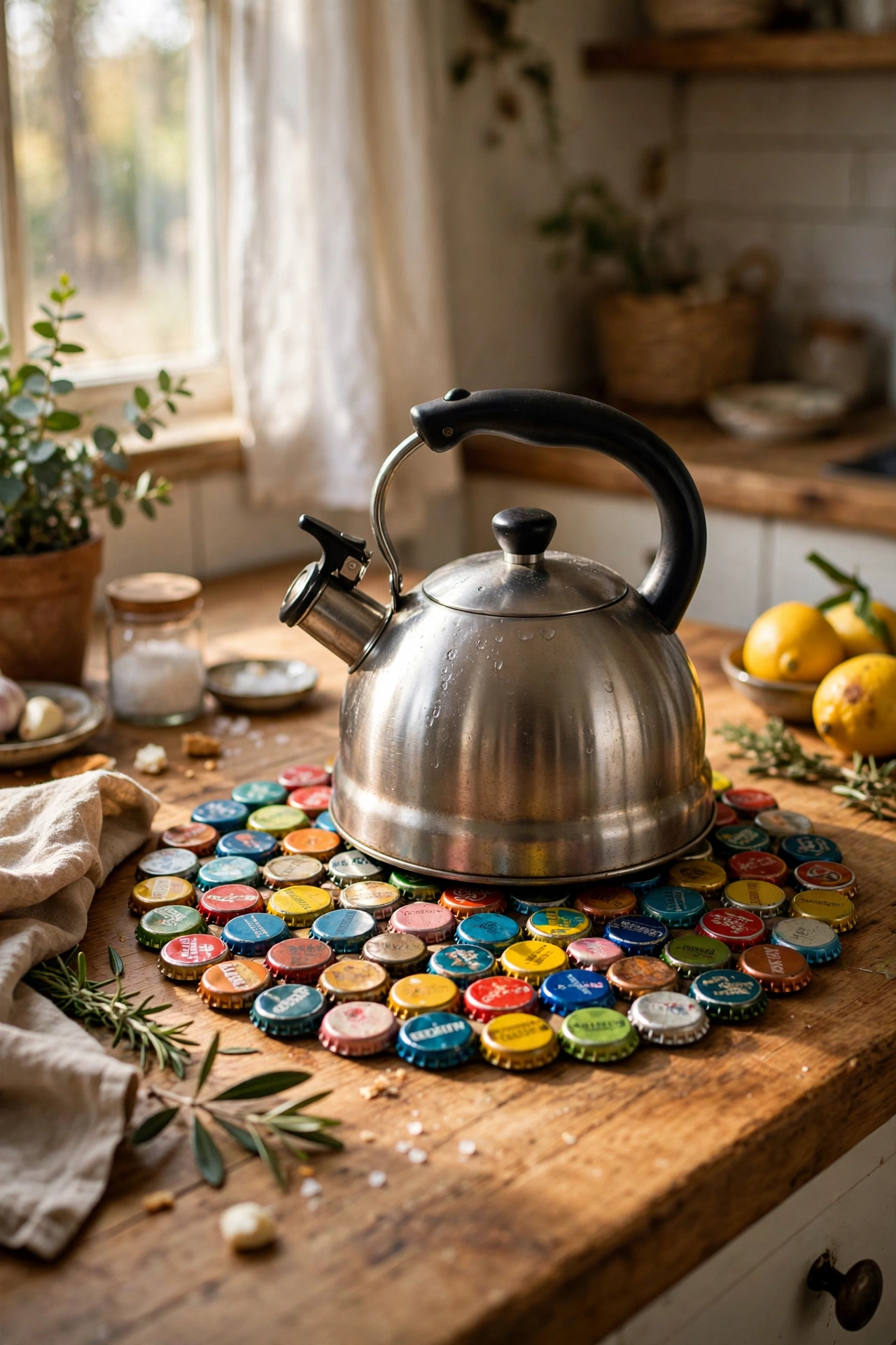 Colourful mosaic trivet made from metal bottle caps