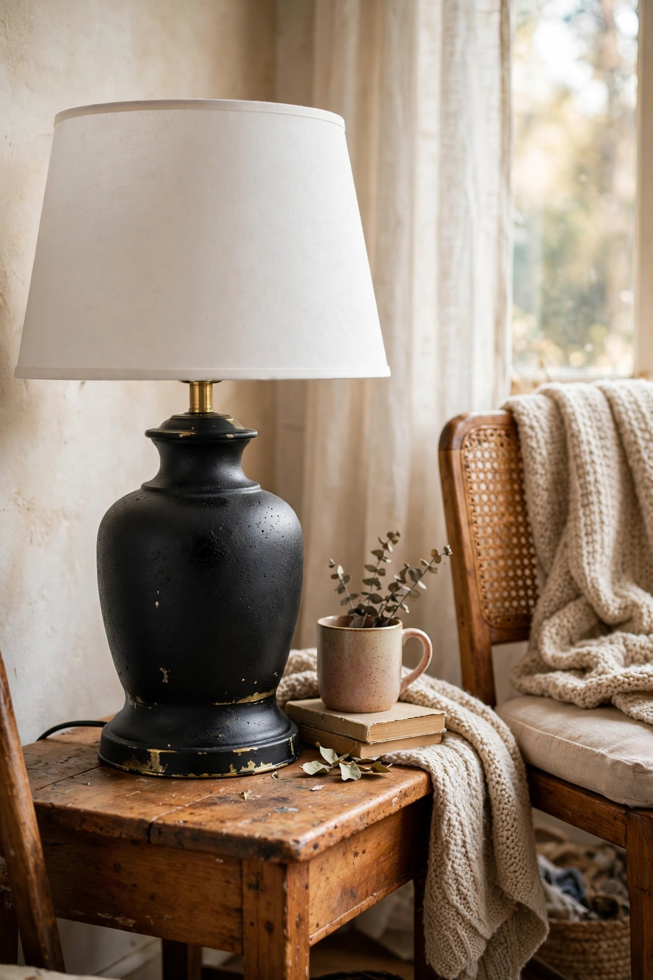 A thrifted brass lamp spray-painted matte black with a white drum shade on a wooden side table