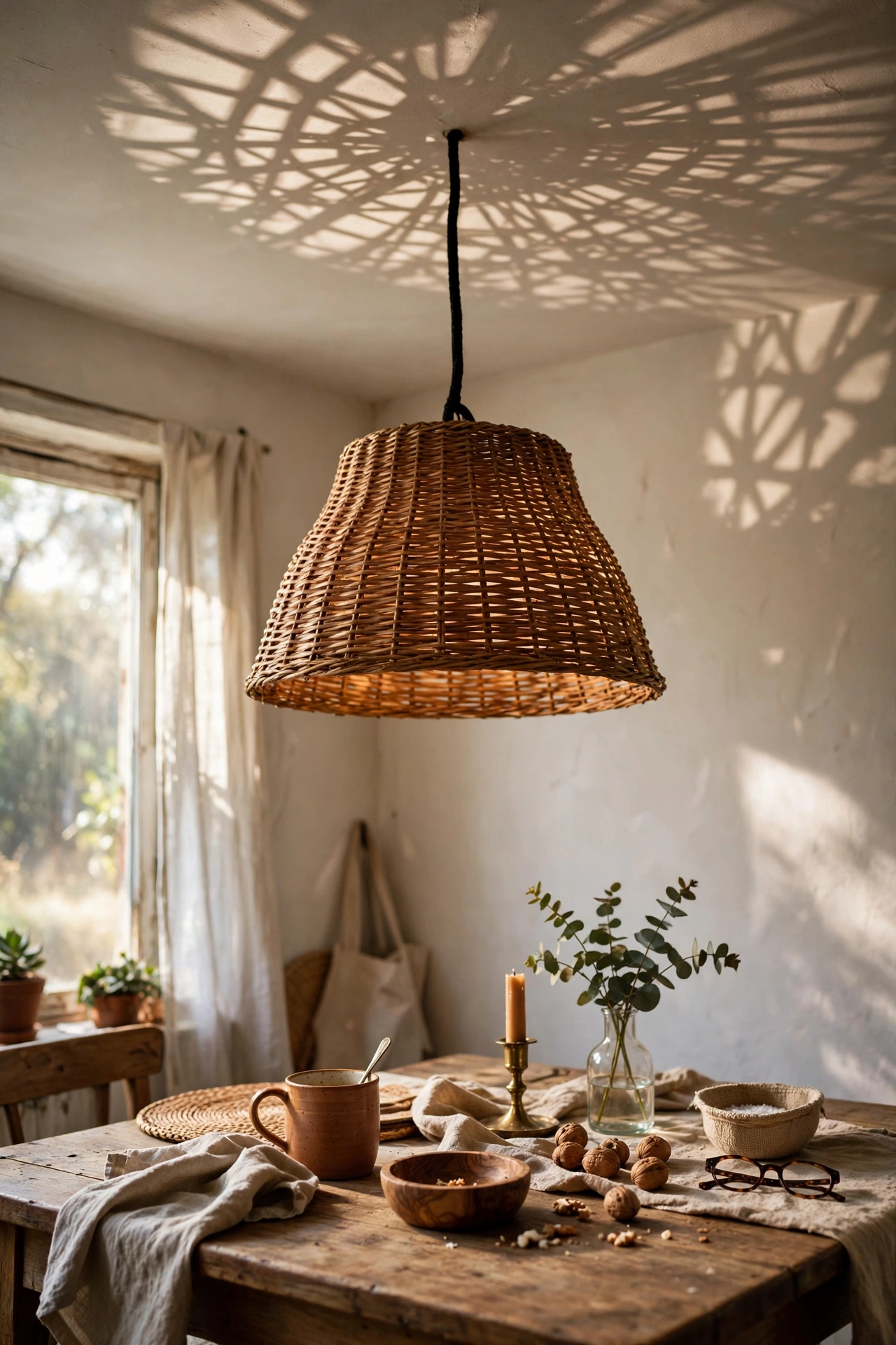 A woven basket pendant shade hanging over a dining table casting patterned light