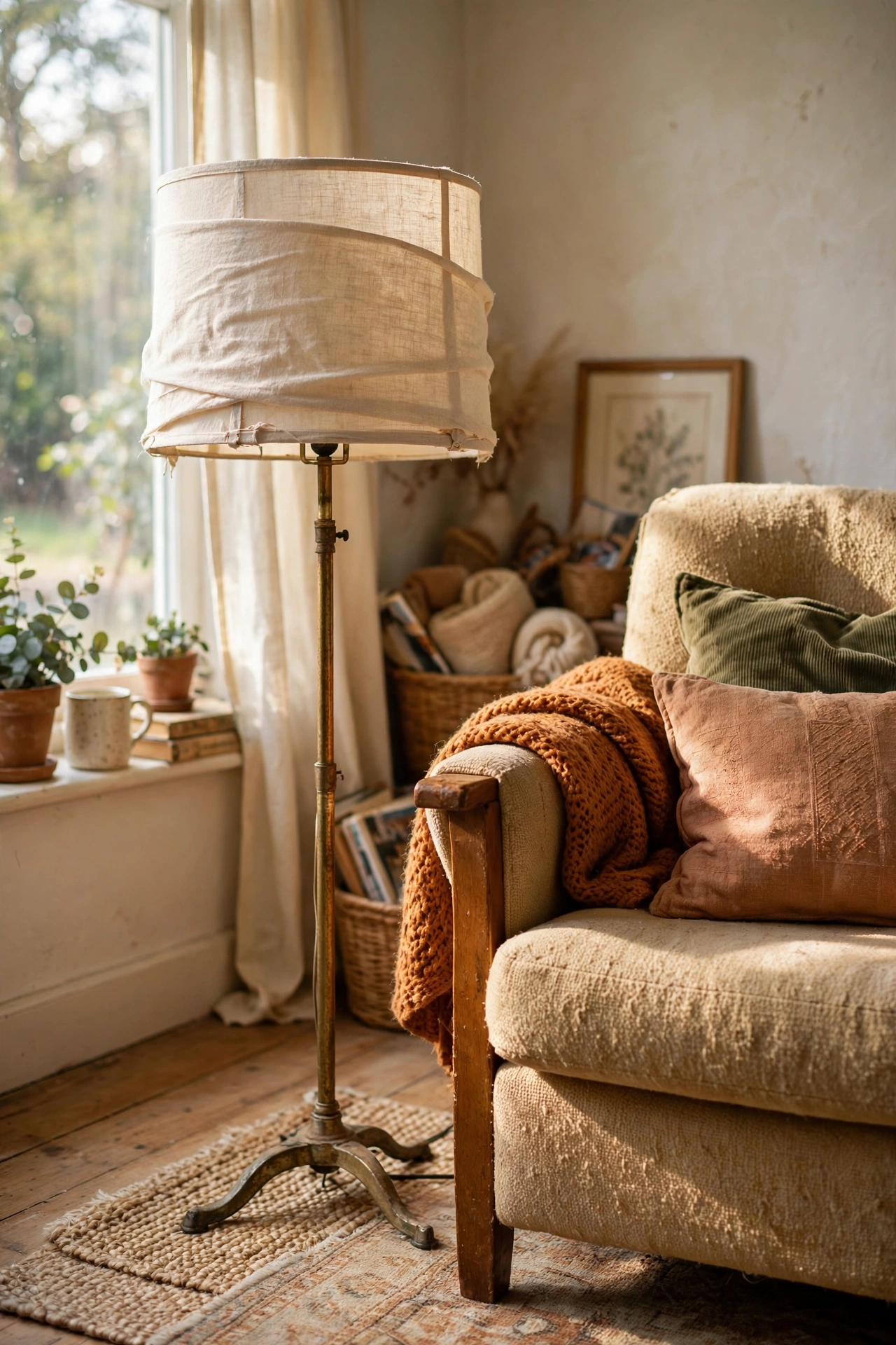 A thrifted floor lamp with a drum shade wrapped in cream linen fabric