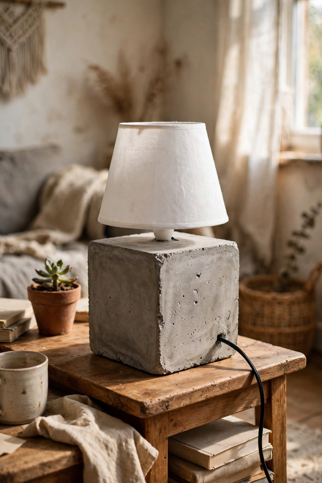 A diy lamp with a concrete cube base and small white shade on a side table