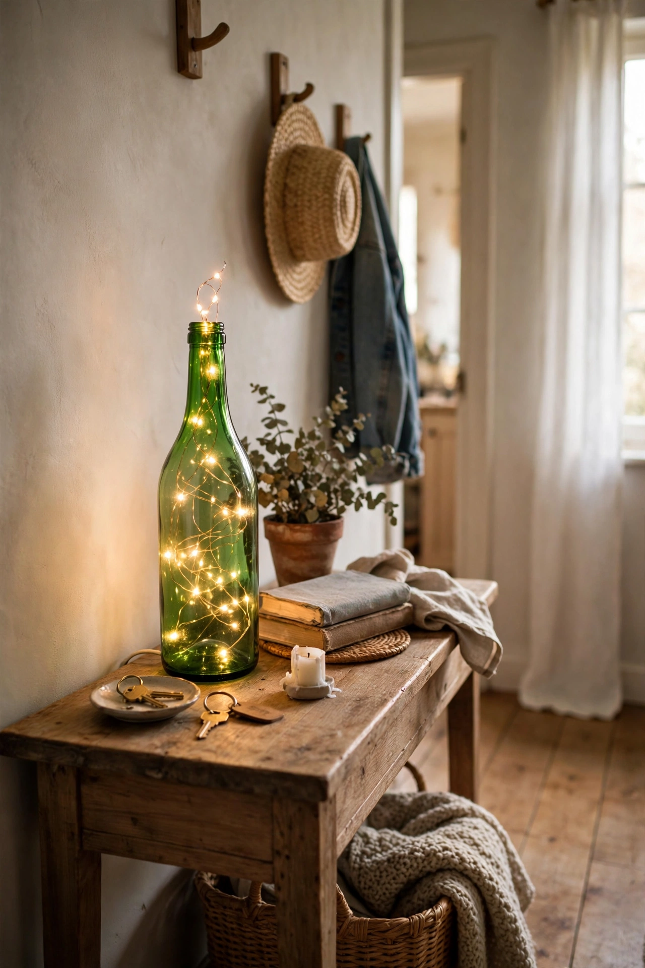 A green glass bottle lamp glowing with fairy lights on a hallway console table