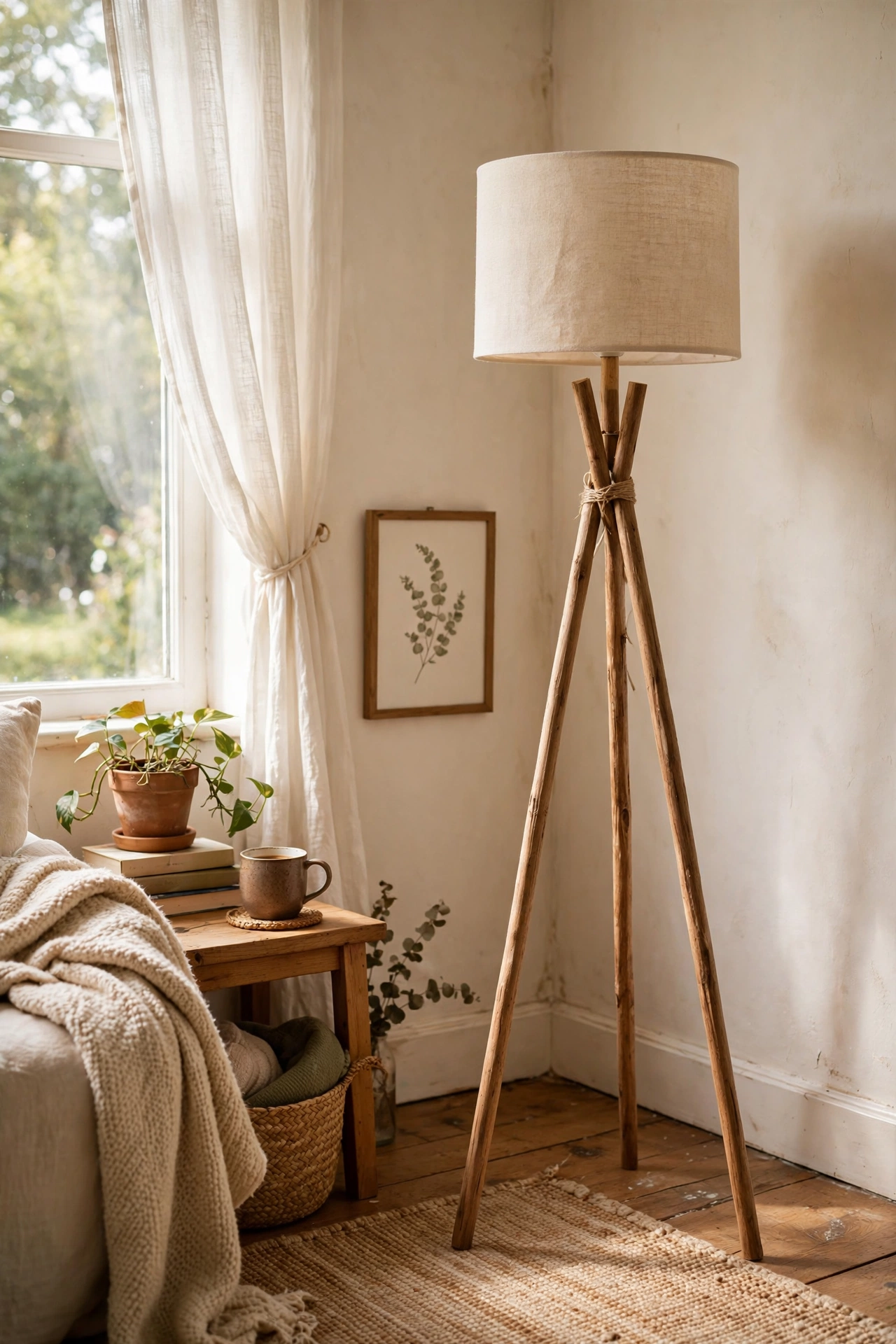 A handmade wooden tripod floor lamp with dowel legs and a fabric shade in a living room corner