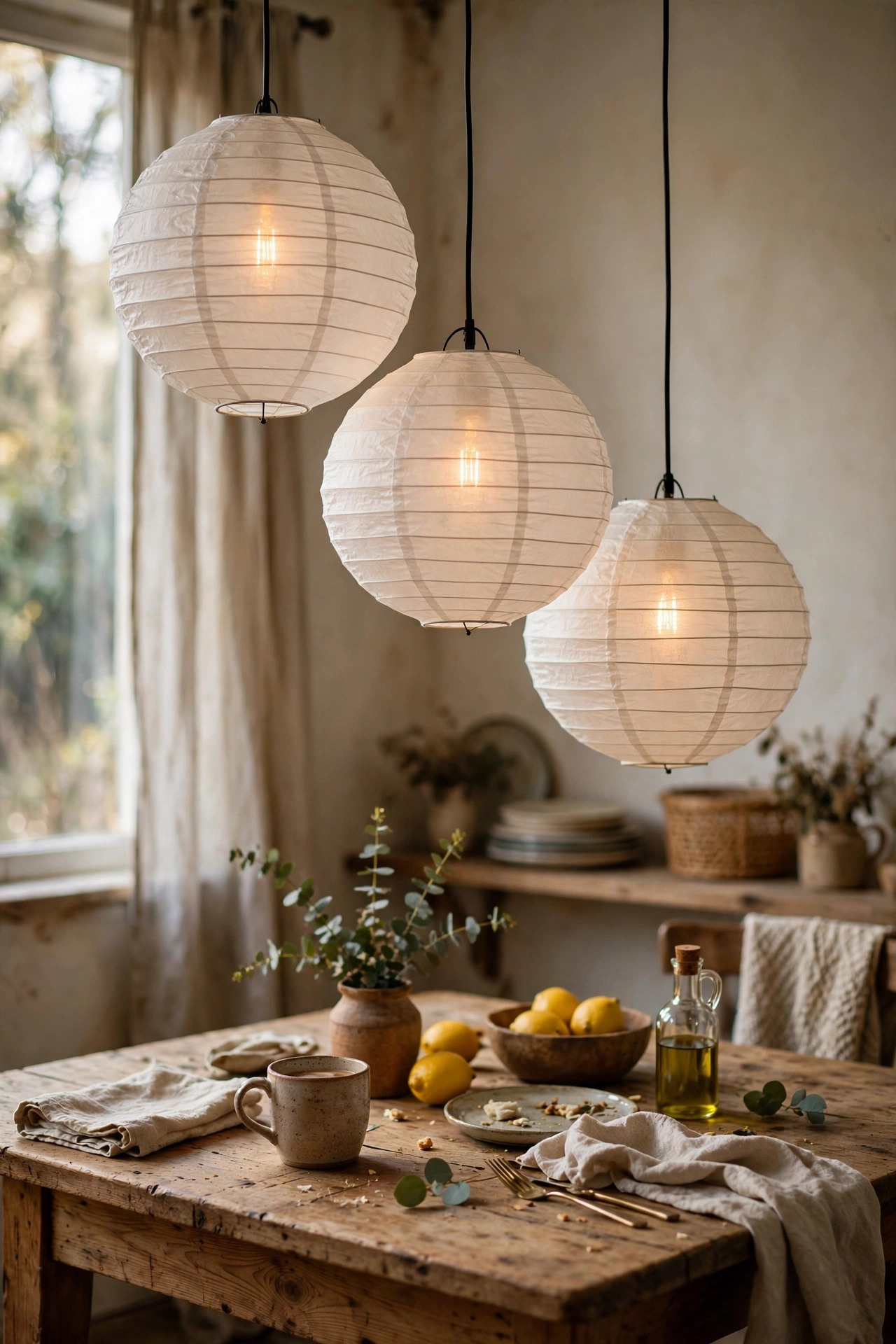 Three white paper lanterns hung at different heights as a diy lamp chandelier over a dining table