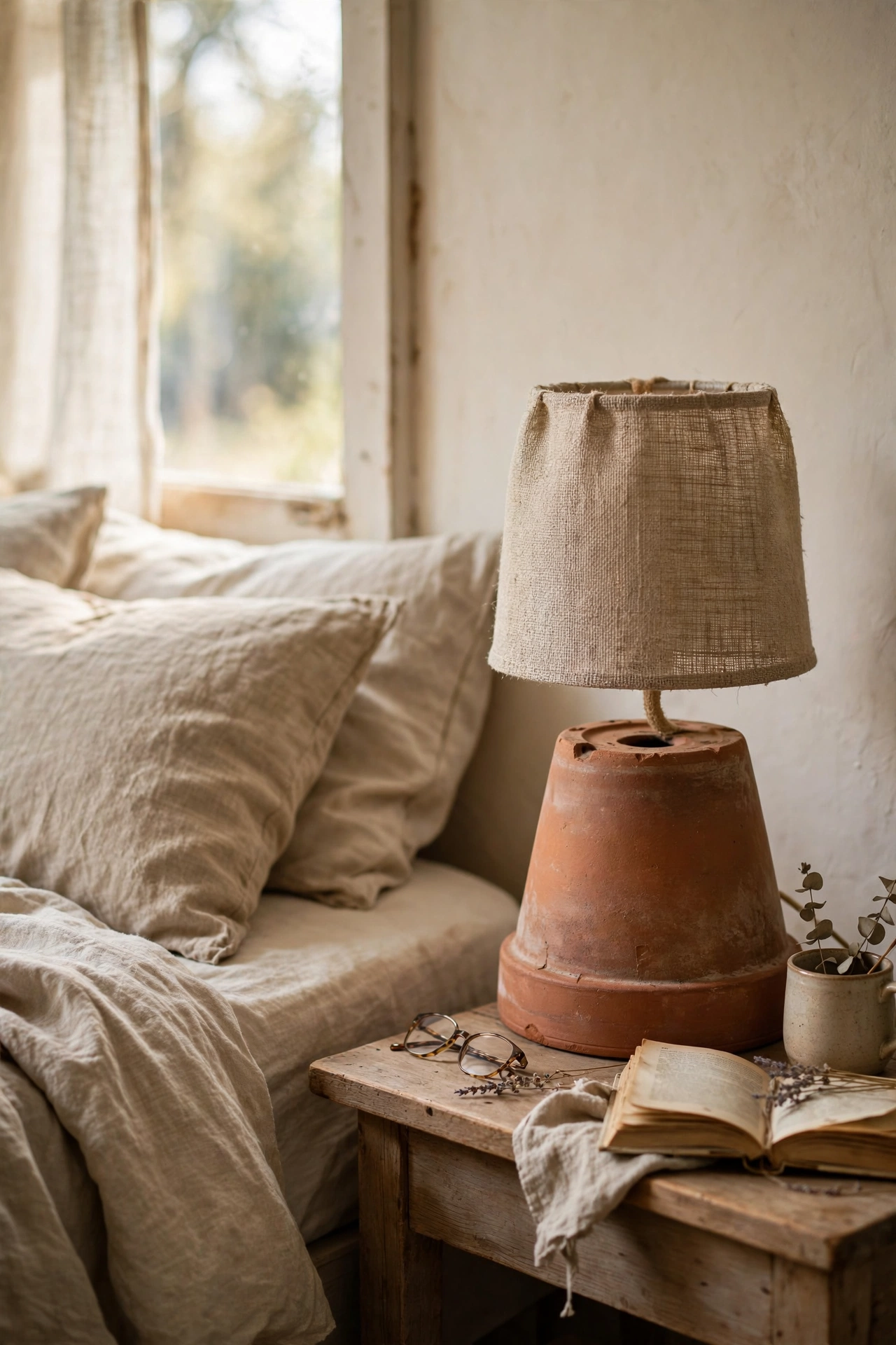 A terracotta pot diy lamp base with a burlap shade on a bedside table