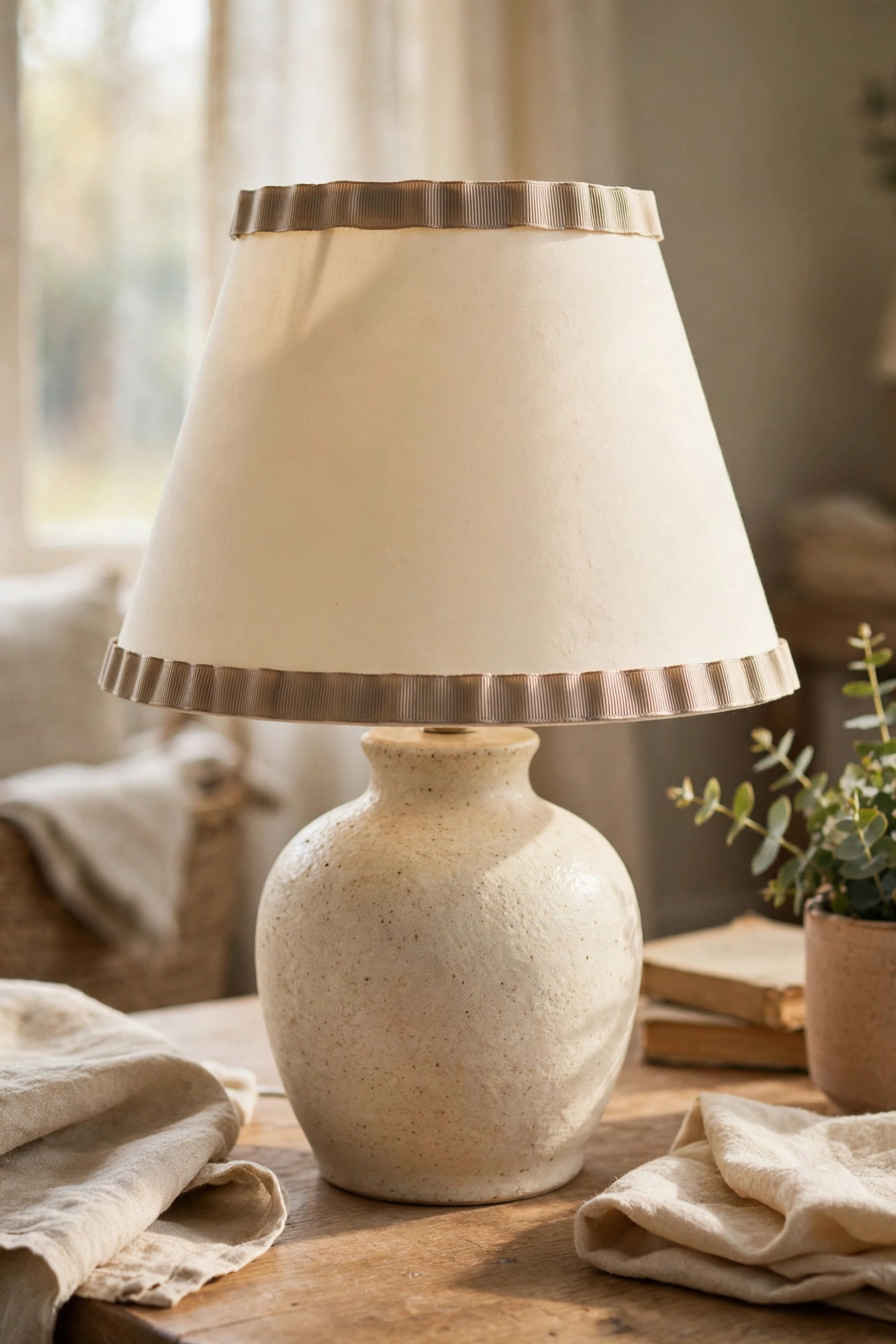 A plain lampshade upgraded with grosgrain ribbon trim on a table lamp