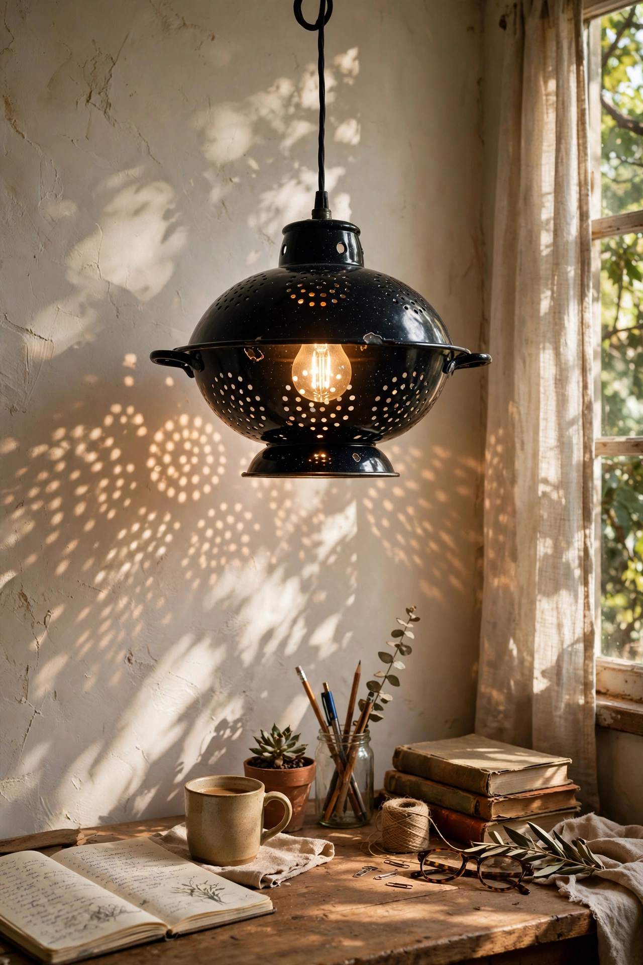 A black enamel colander pendant light casting dappled light over a desk